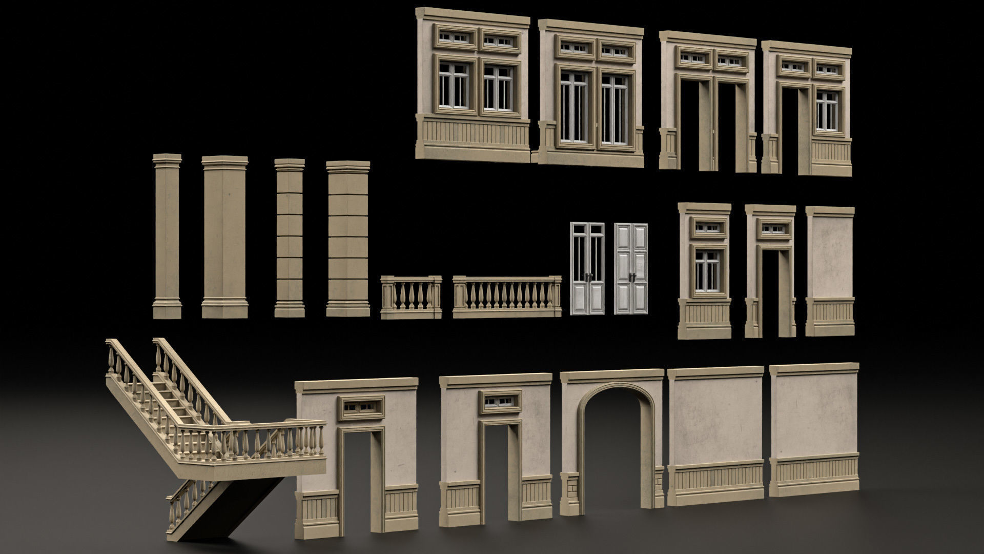 CLASSIC EUROPEAN KITBASH 01 MODULAR BUILDING WITH INTERIOR Low-poly 3D model_8