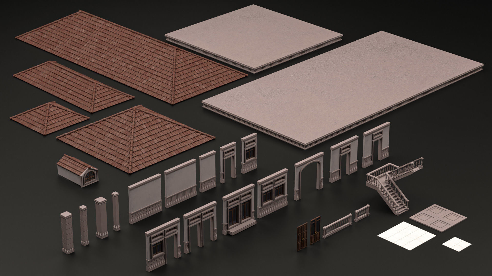 CLASSIC EUROPEAN KITBASH 01 MODULAR BUILDING WITH INTERIOR Low-poly 3D model_9