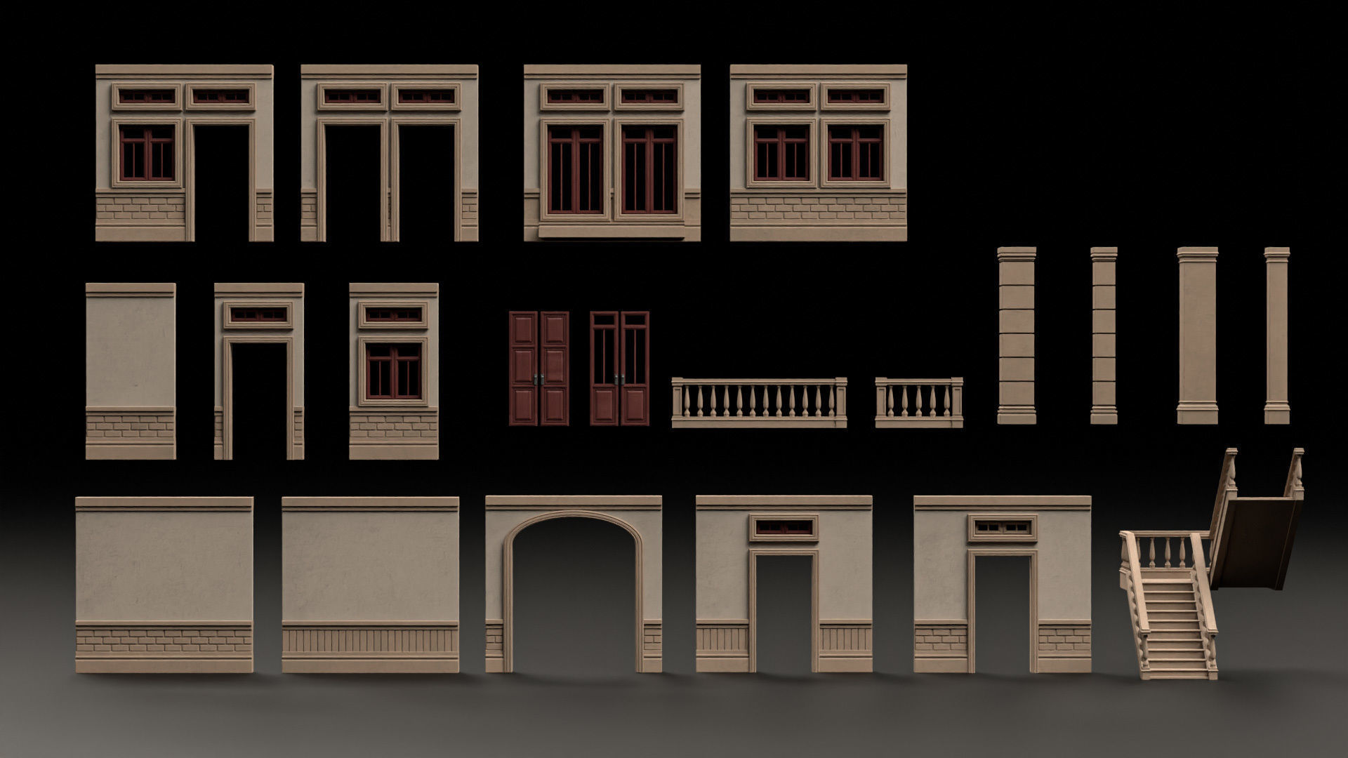 CLASSIC EUROPEAN KITBASH 01 MODULAR BUILDING WITH INTERIOR Low-poly 3D model_6