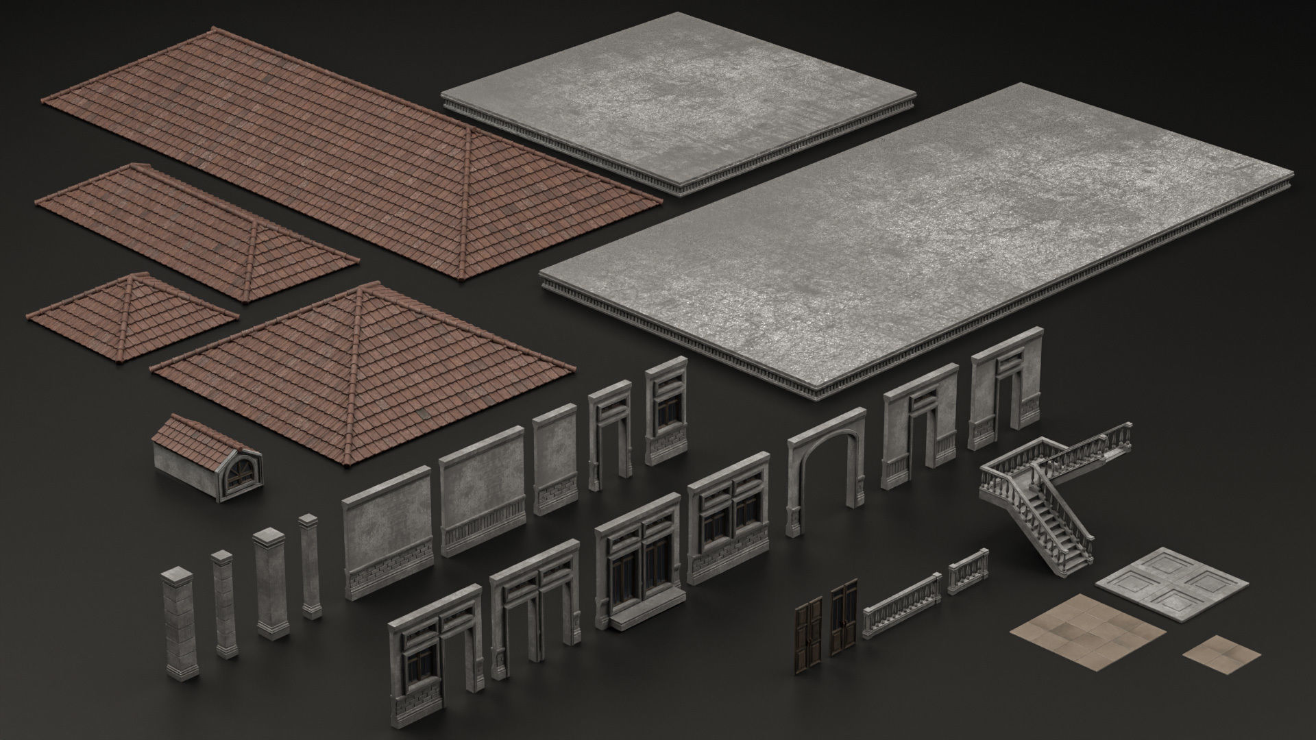 CLASSIC EUROPEAN KITBASH 01 MODULAR BUILDING WITH INTERIOR Low-poly 3D model_10