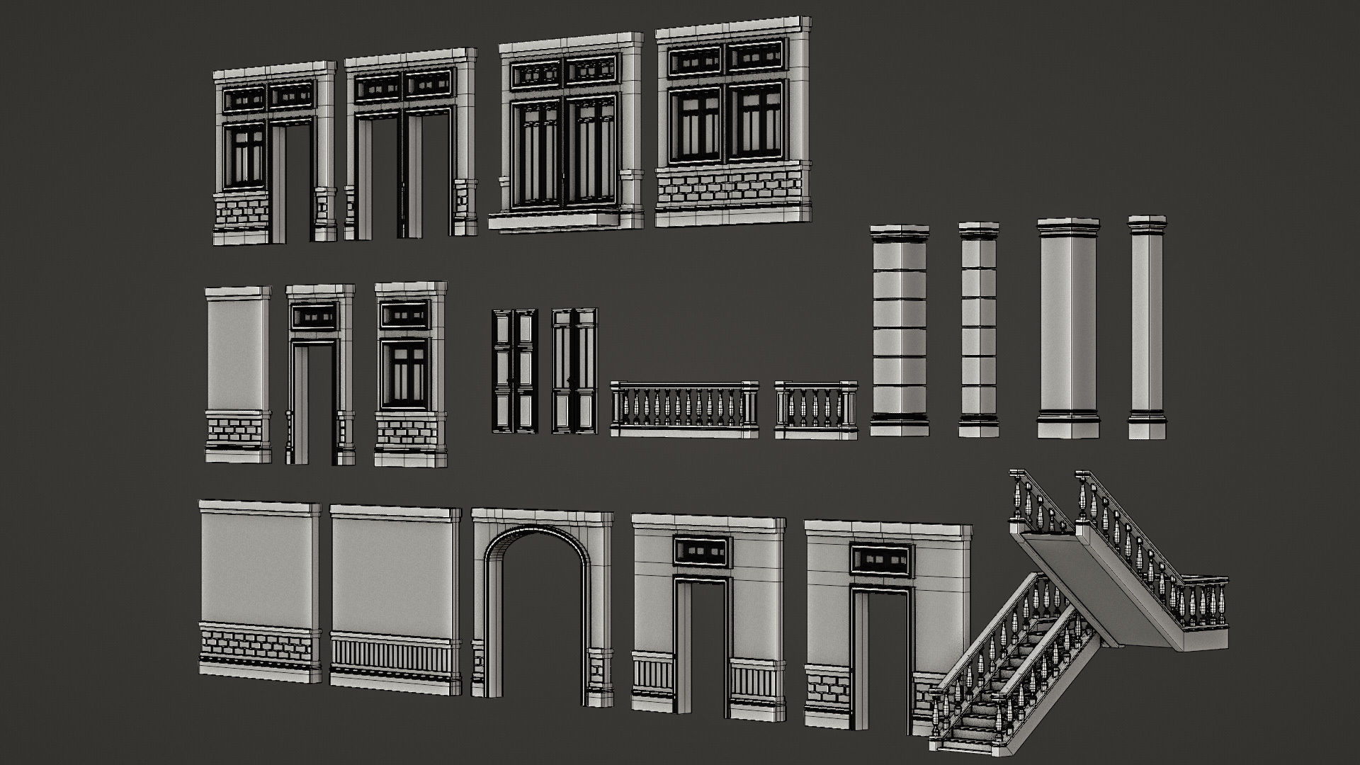 CLASSIC EUROPEAN KITBASH 01 MODULAR BUILDING WITH INTERIOR Low-poly 3D model_28