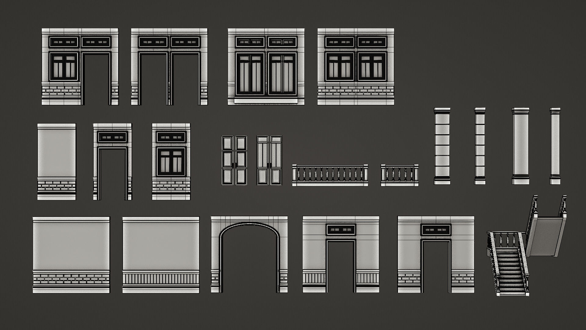 CLASSIC EUROPEAN KITBASH 01 MODULAR BUILDING WITH INTERIOR Low-poly 3D model_27