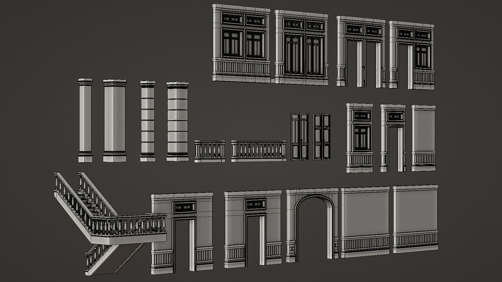 CLASSIC EUROPEAN KITBASH 01 MODULAR BUILDING WITH INTERIOR Low-poly 3D model_29