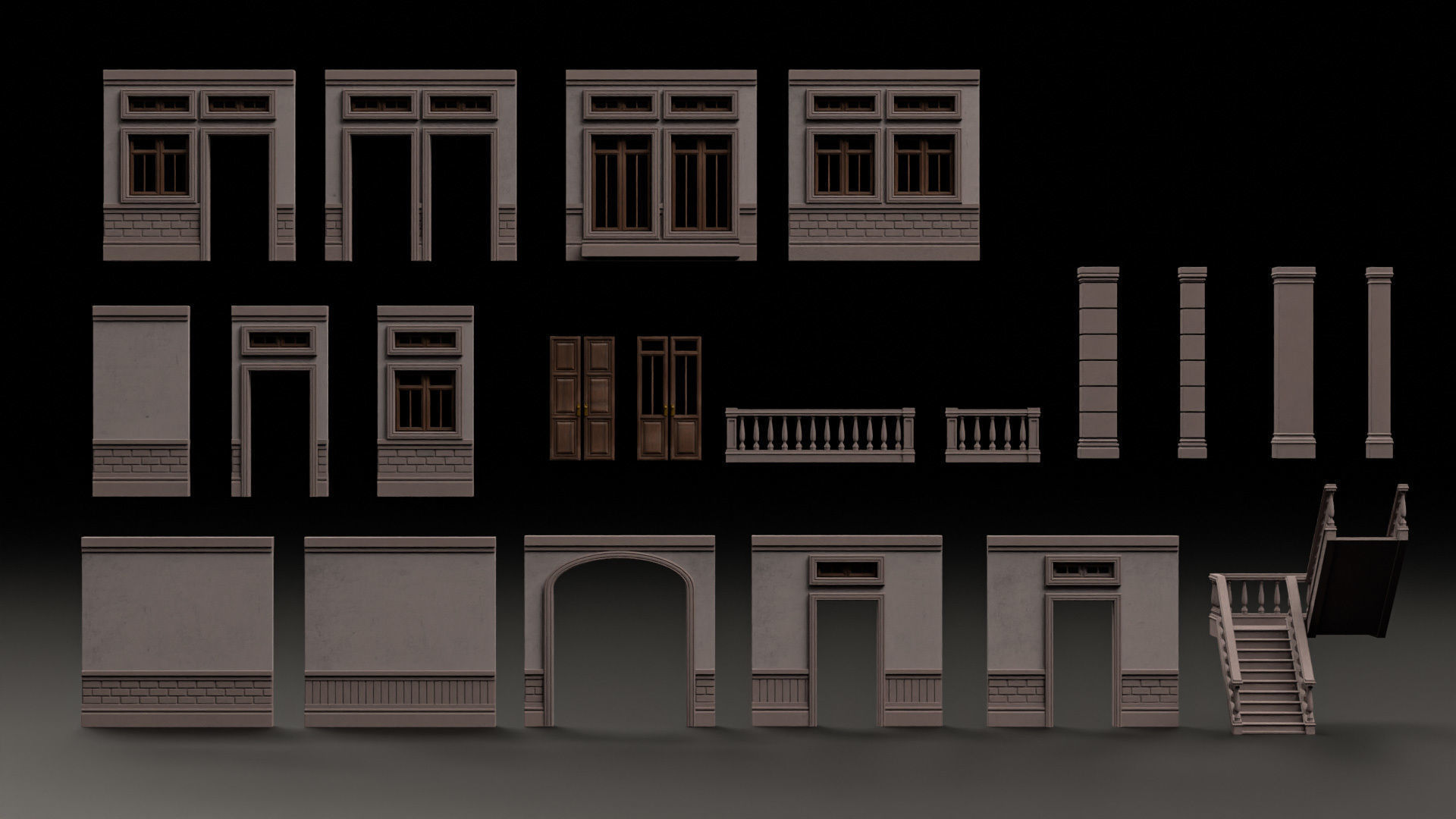 CLASSIC EUROPEAN KITBASH 01 MODULAR BUILDING WITH INTERIOR Low-poly 3D model_4