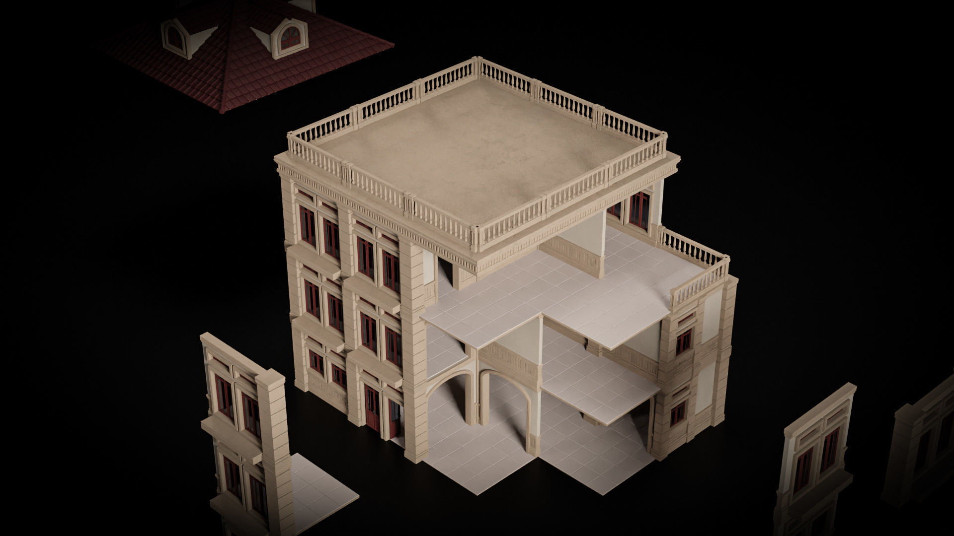 CLASSIC EUROPEAN KITBASH 01 MODULAR BUILDING WITH INTERIOR Low-poly 3D model_24