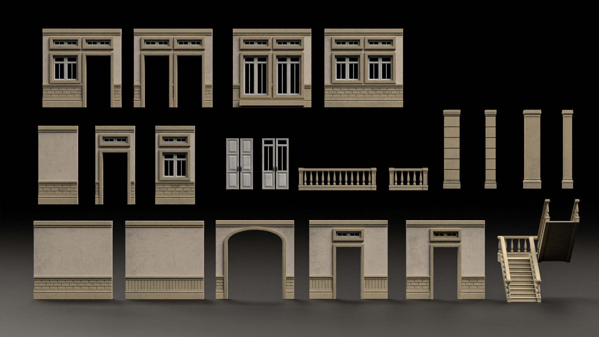 CLASSIC EUROPEAN KITBASH 01 MODULAR BUILDING WITH INTERIOR Low-poly 3D model_3