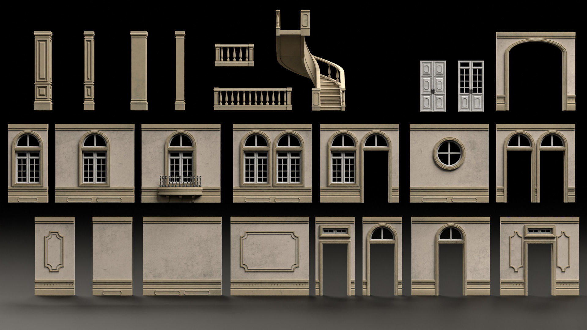 CLASSIC EUROPEAN KITBASH 02 MODULAR BUILDING WITH INTERIOR Low-poly 3D model_2