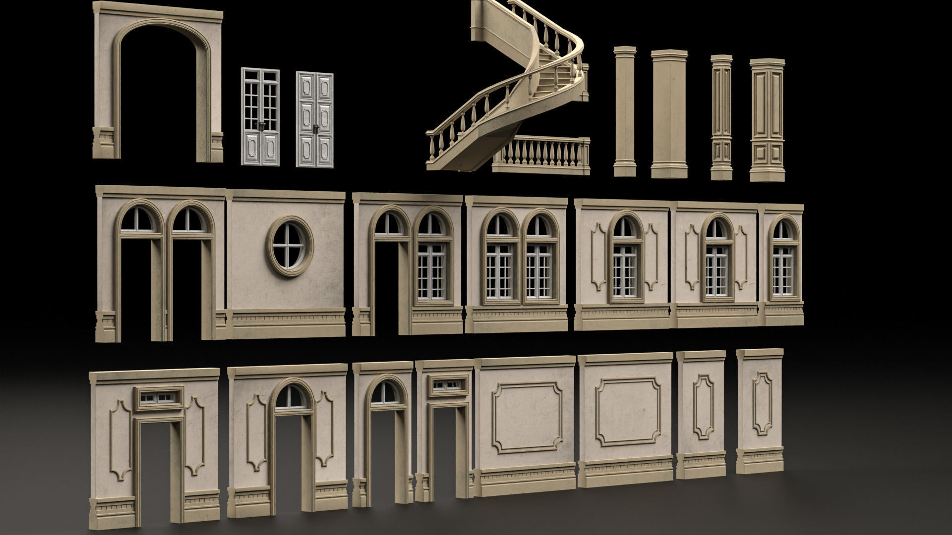 CLASSIC EUROPEAN KITBASH 02 MODULAR BUILDING WITH INTERIOR Low-poly 3D model_7