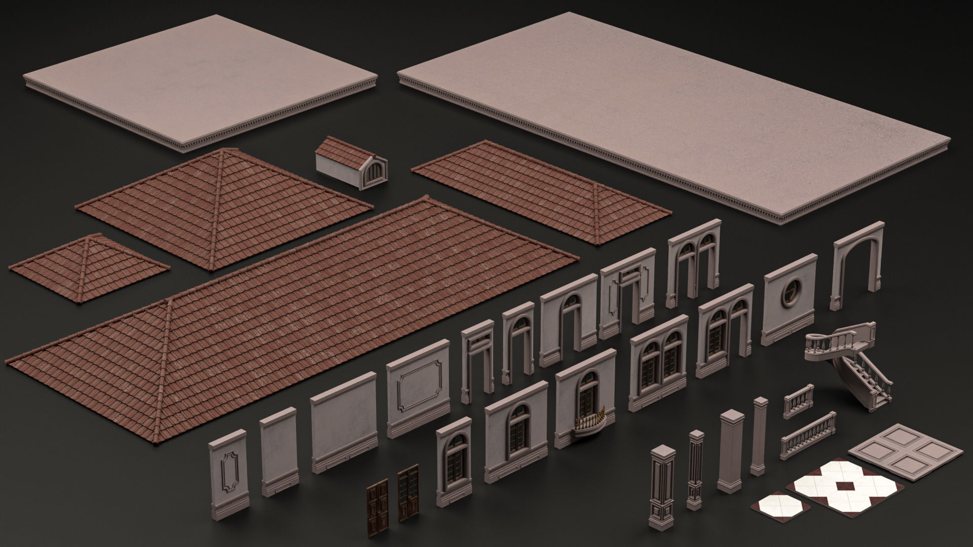 CLASSIC EUROPEAN KITBASH 02 MODULAR BUILDING WITH INTERIOR Low-poly 3D model_9