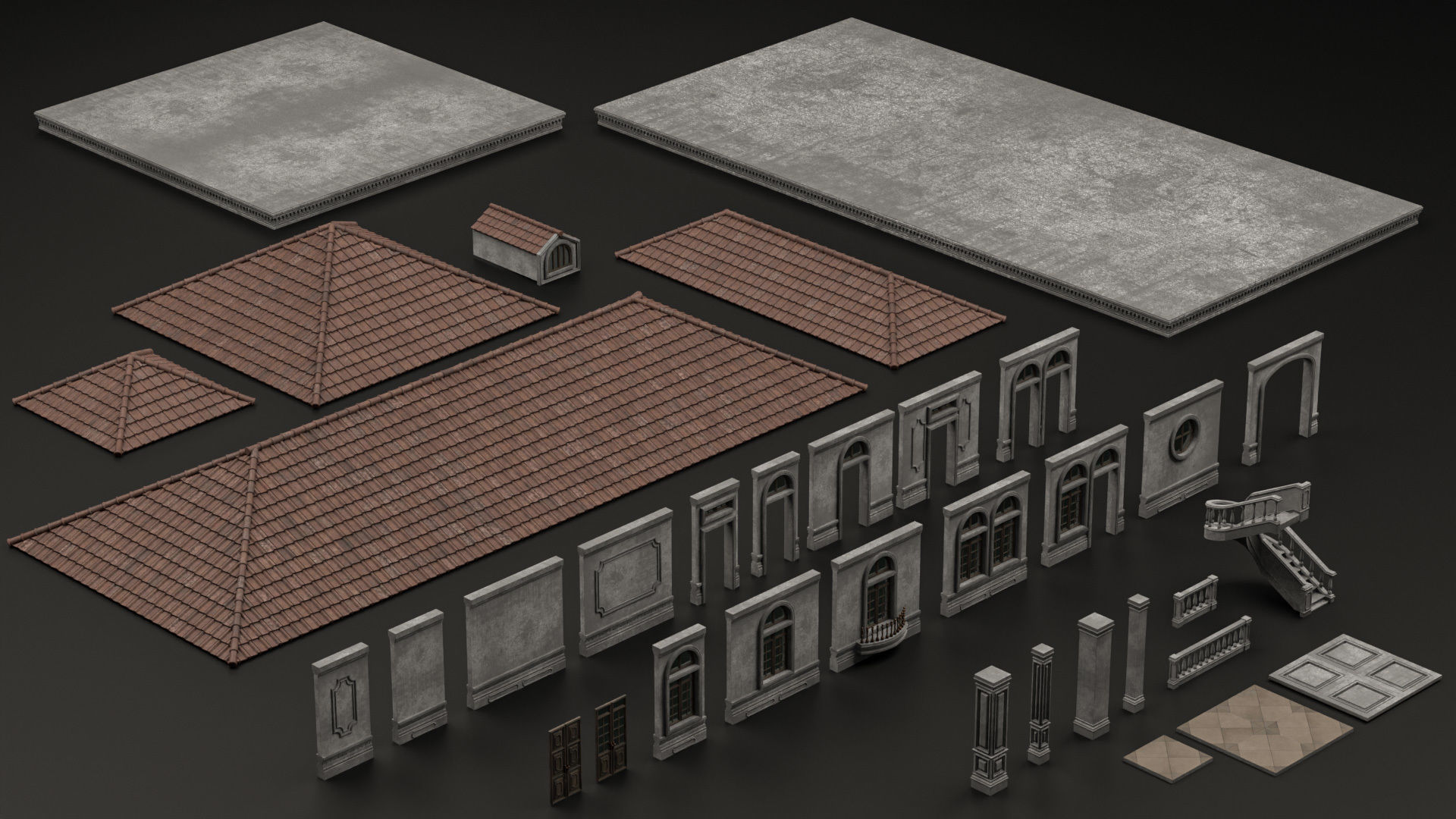 CLASSIC EUROPEAN KITBASH 02 MODULAR BUILDING WITH INTERIOR Low-poly 3D model_10