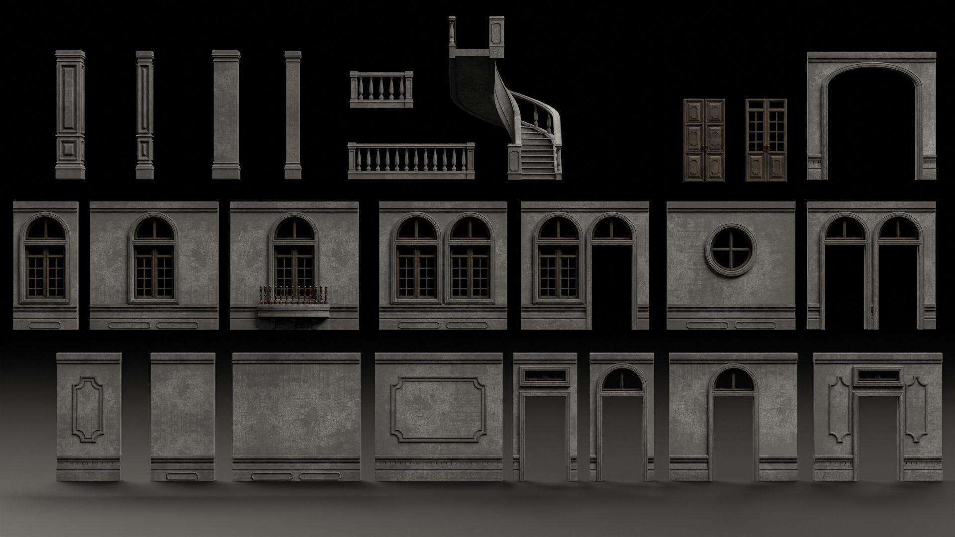 CLASSIC EUROPEAN KITBASH 02 MODULAR BUILDING WITH INTERIOR Low-poly 3D model_4