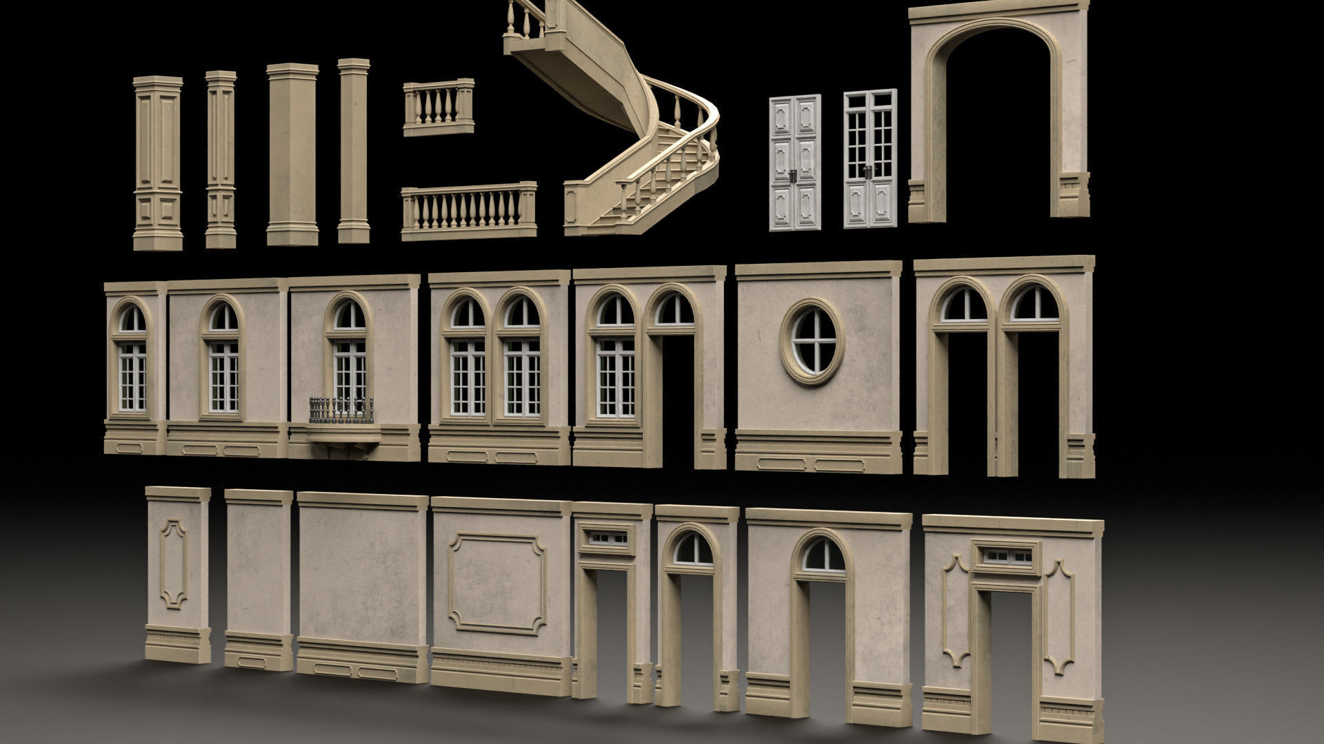 CLASSIC EUROPEAN KITBASH 02 MODULAR BUILDING WITH INTERIOR Low-poly 3D model_6