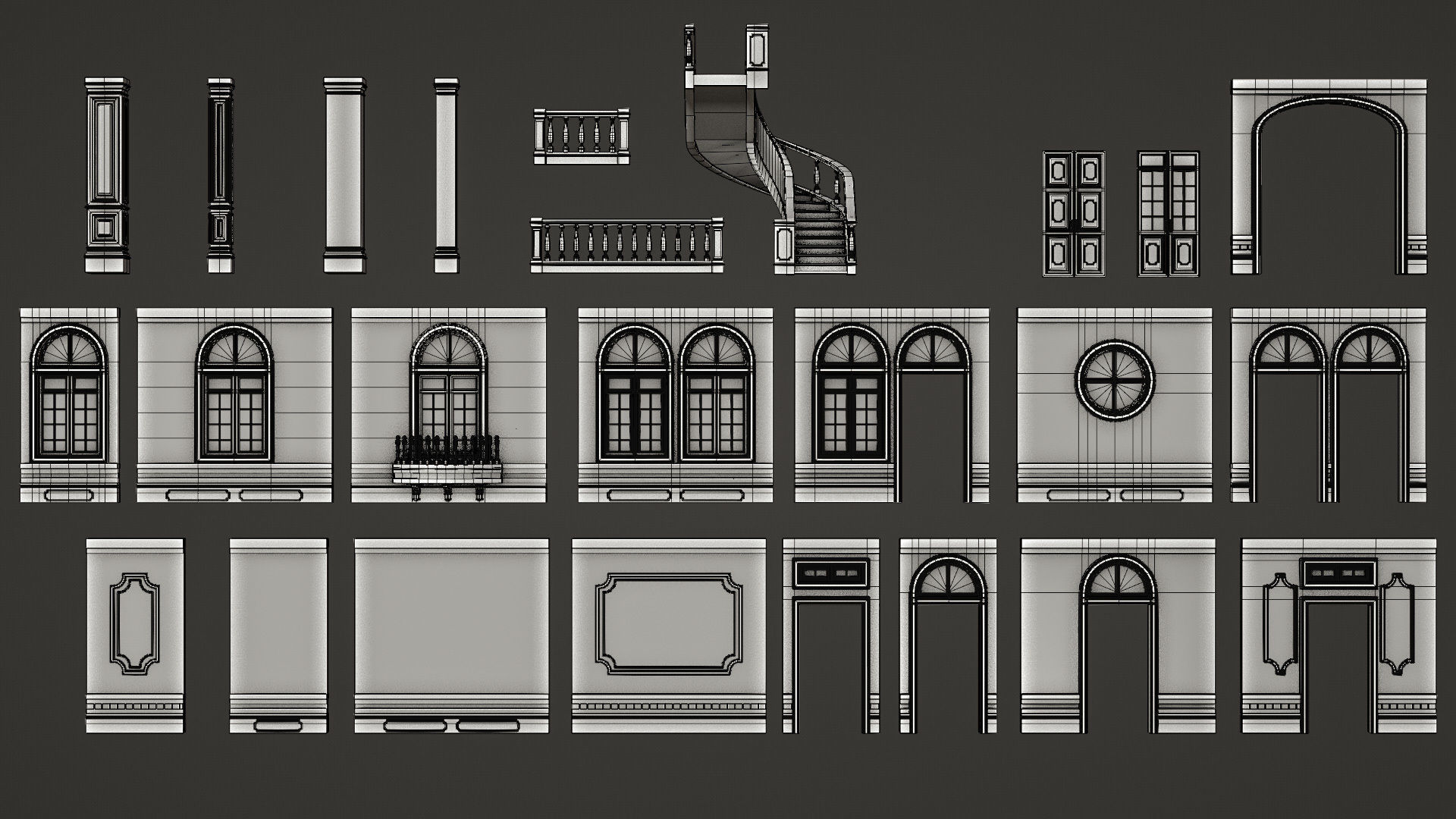 CLASSIC EUROPEAN KITBASH 02 MODULAR BUILDING WITH INTERIOR Low-poly 3D model_27