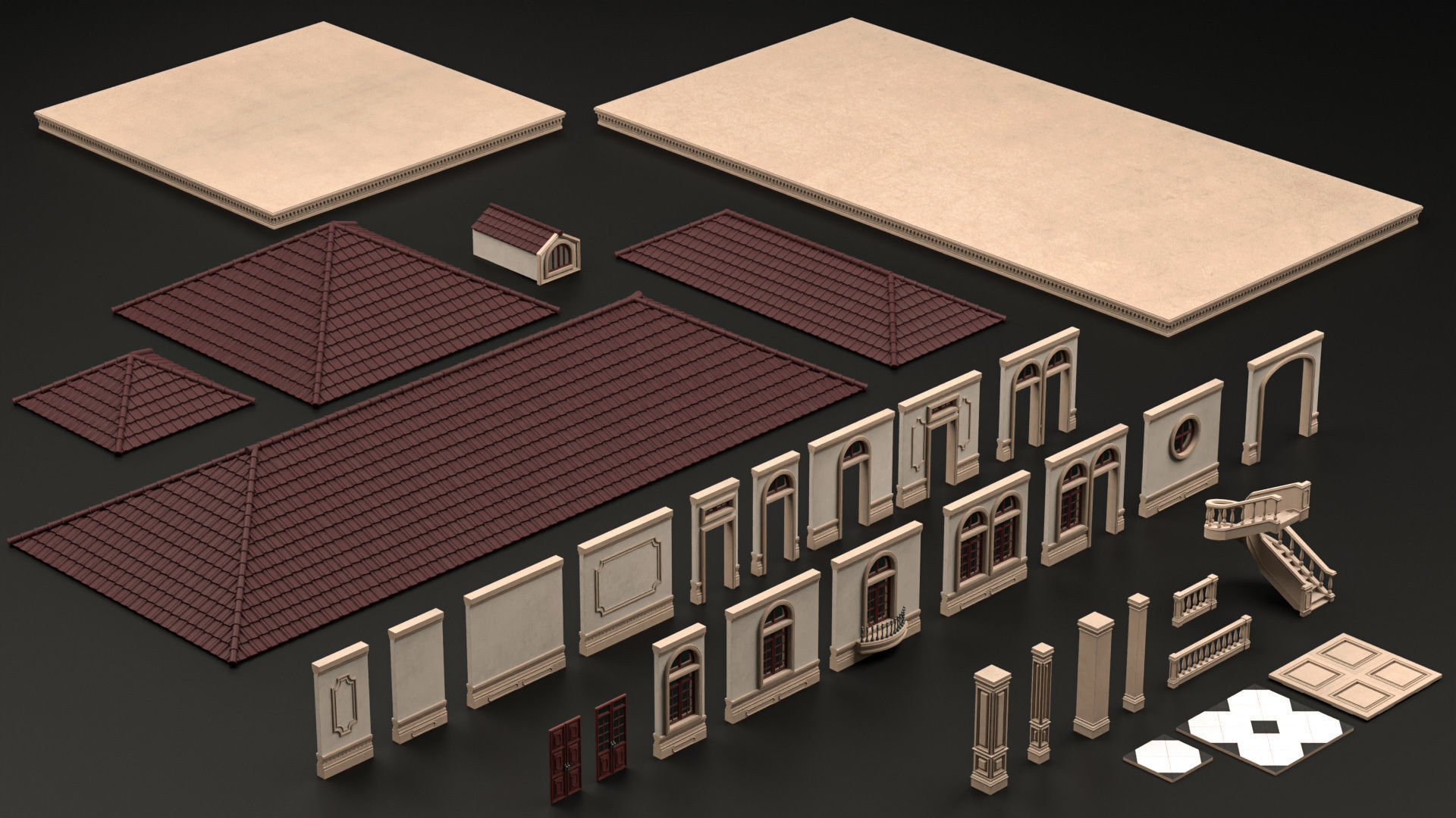 CLASSIC EUROPEAN KITBASH 02 MODULAR BUILDING WITH INTERIOR Low-poly 3D model_11