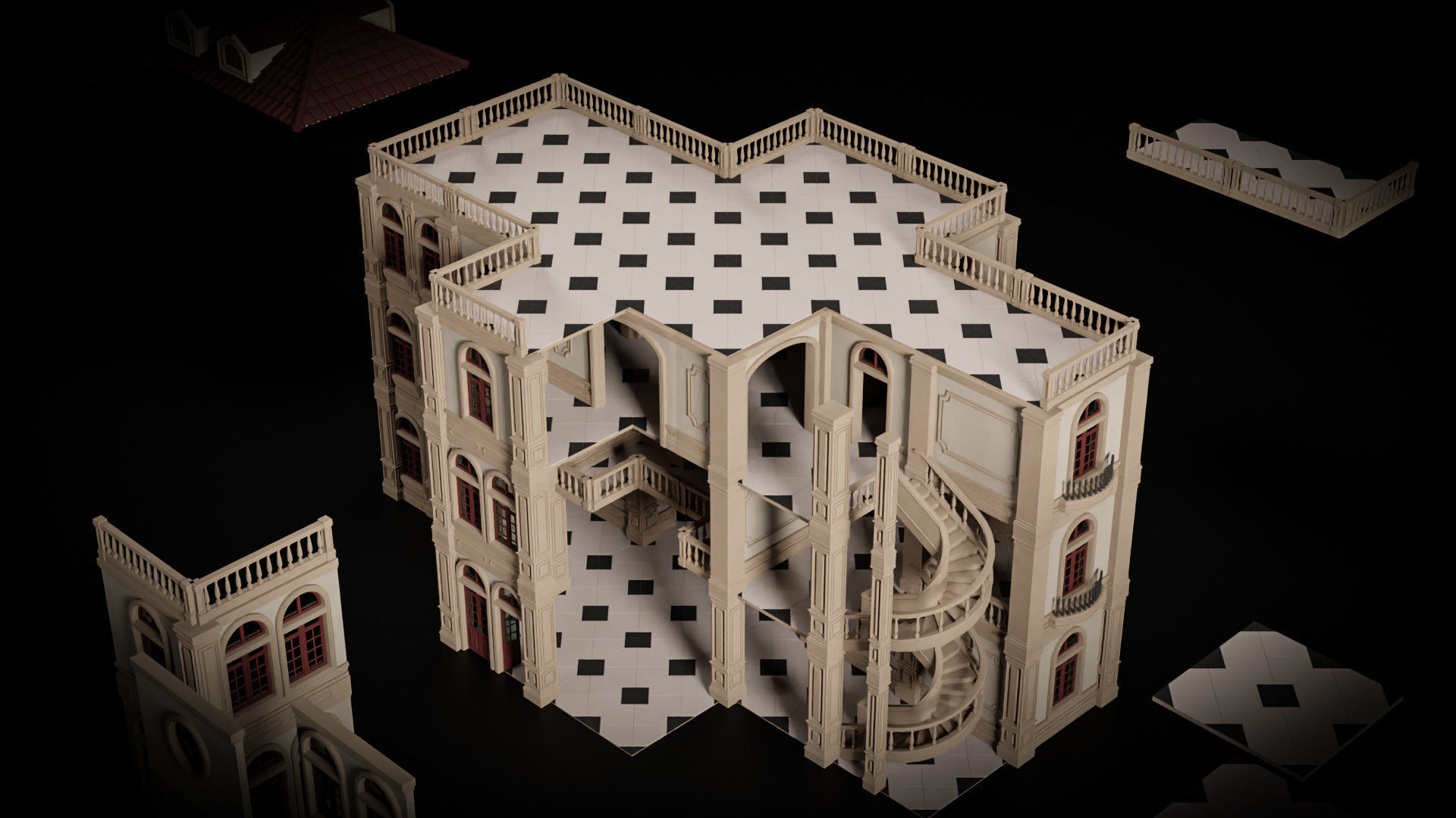 CLASSIC EUROPEAN KITBASH 02 MODULAR BUILDING WITH INTERIOR Low-poly 3D model_24