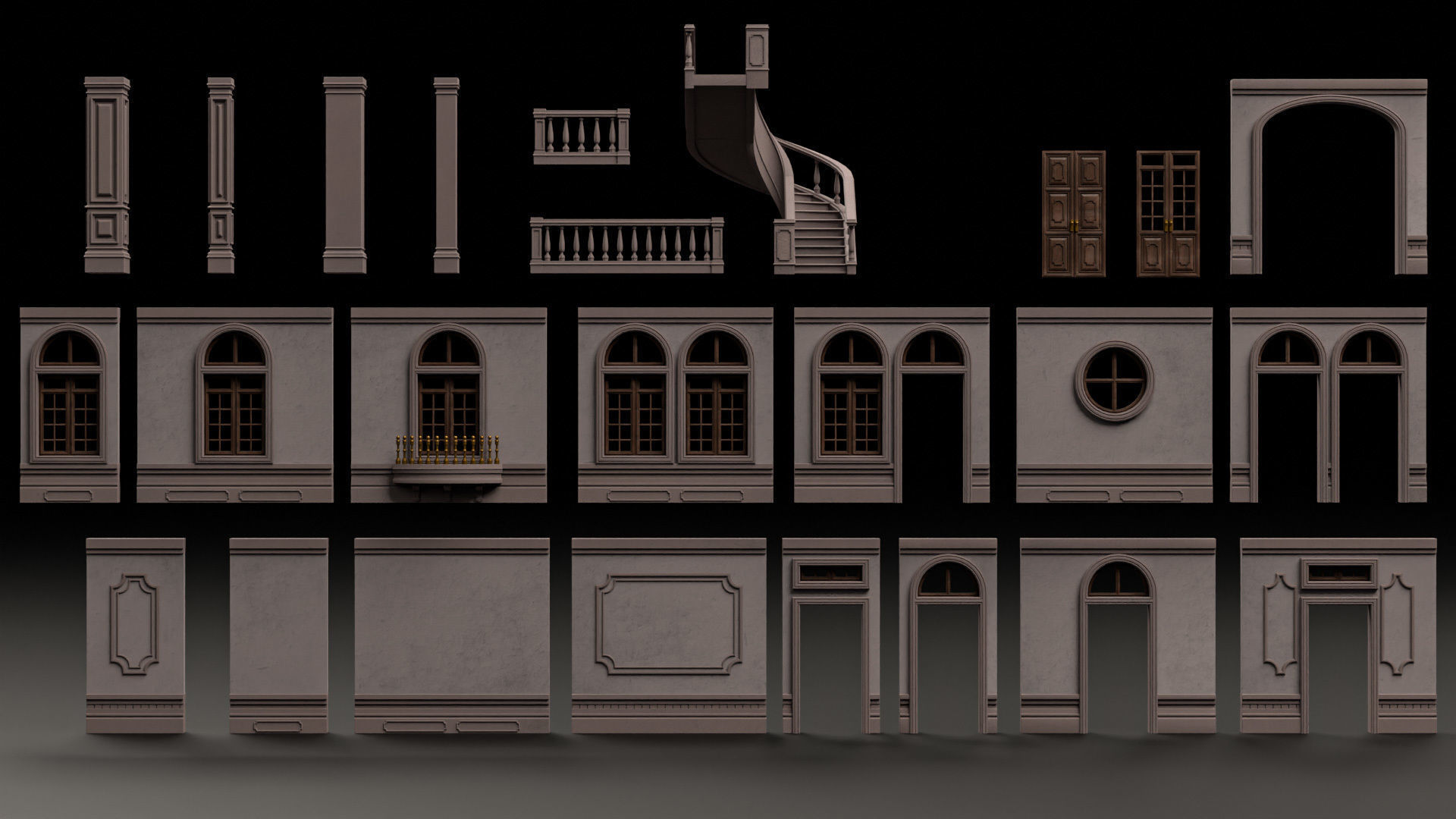 CLASSIC EUROPEAN KITBASH 02 MODULAR BUILDING WITH INTERIOR Low-poly 3D model_3