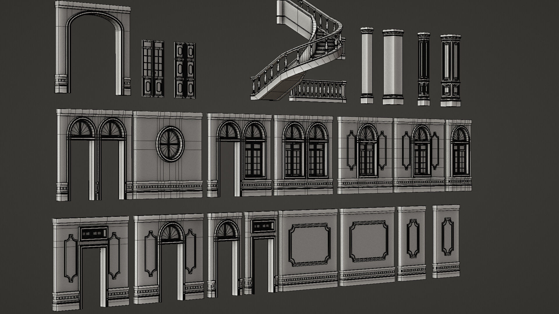 CLASSIC EUROPEAN KITBASH 02 MODULAR BUILDING WITH INTERIOR Low-poly 3D model_29