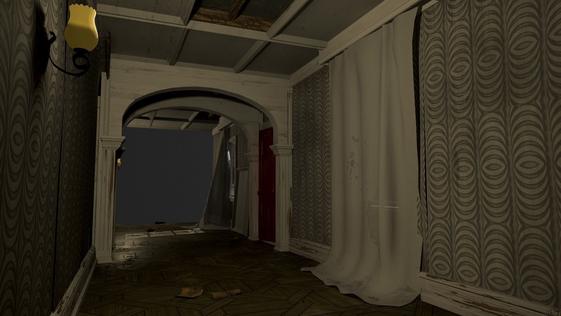 Modular Derelict Corridor Low-poly 3D model_7
