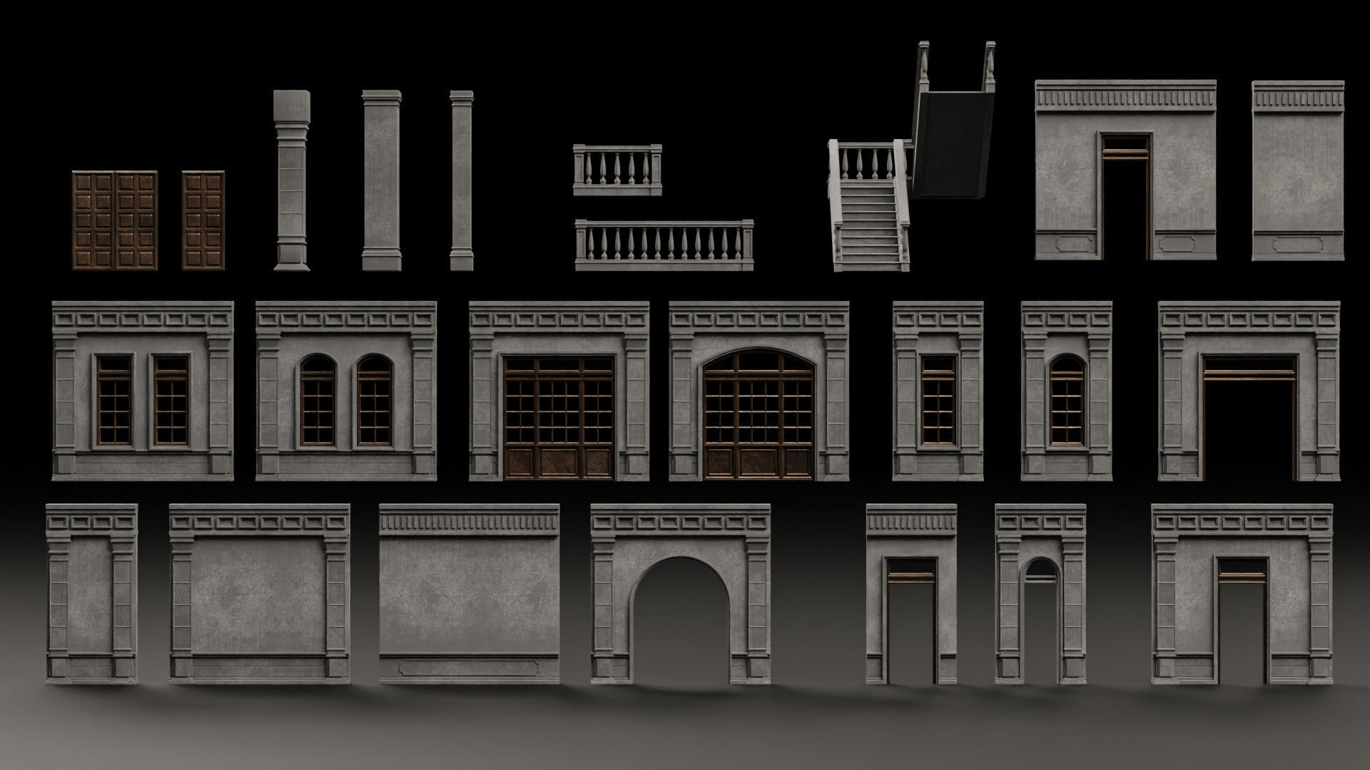 CLASSIC EUROPEAN KITBASH 04 MODULAR BUILDING WITH INTERIOR Low-poly 3D model_5