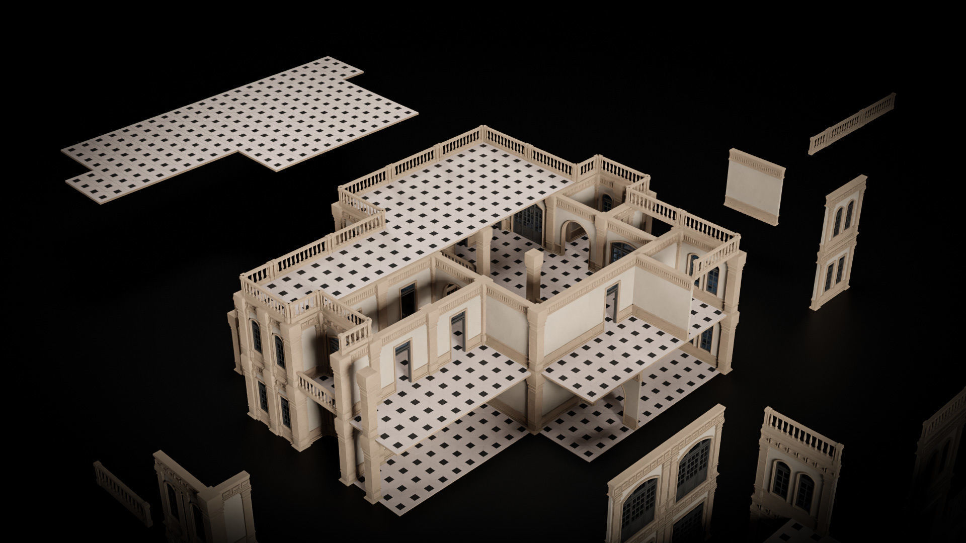 CLASSIC EUROPEAN KITBASH 04 MODULAR BUILDING WITH INTERIOR Low-poly 3D model_24