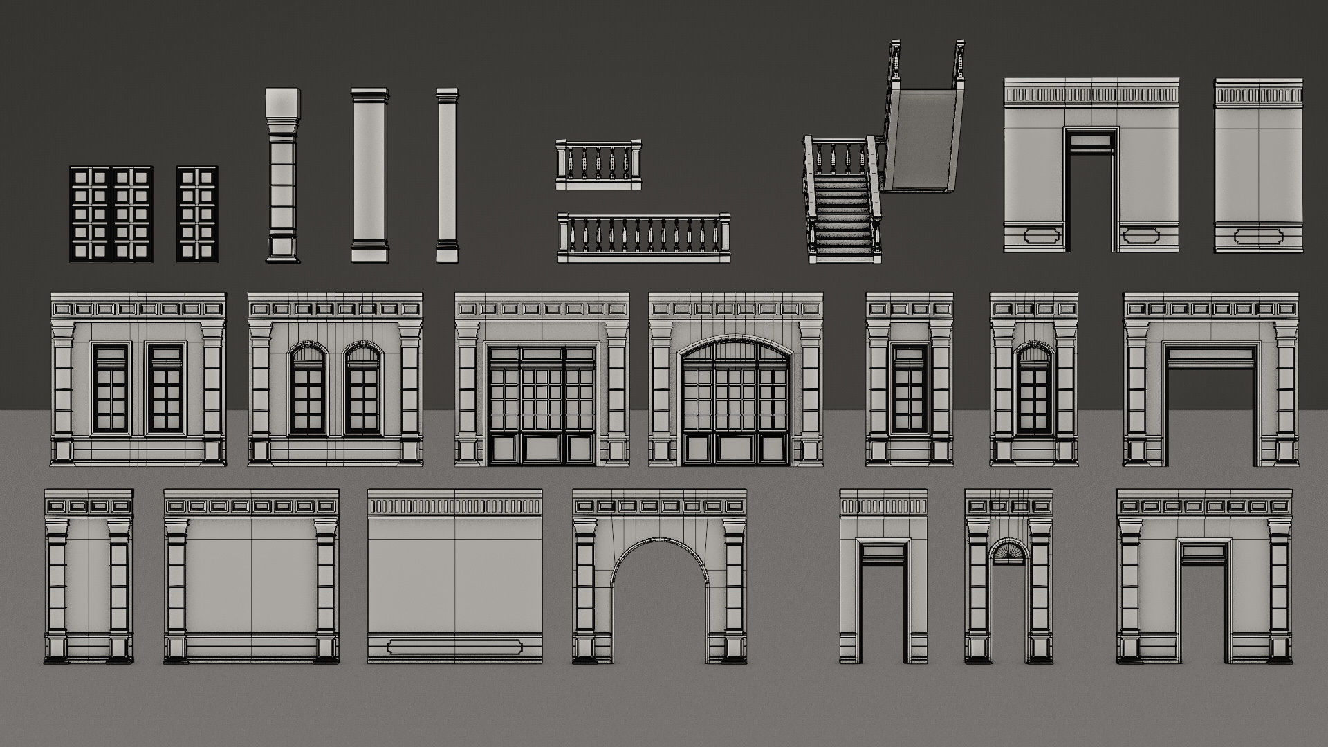 CLASSIC EUROPEAN KITBASH 04 MODULAR BUILDING WITH INTERIOR Low-poly 3D model_27