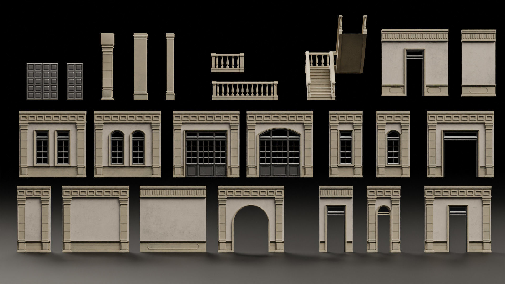 CLASSIC EUROPEAN KITBASH 04 MODULAR BUILDING WITH INTERIOR Low-poly 3D model_3