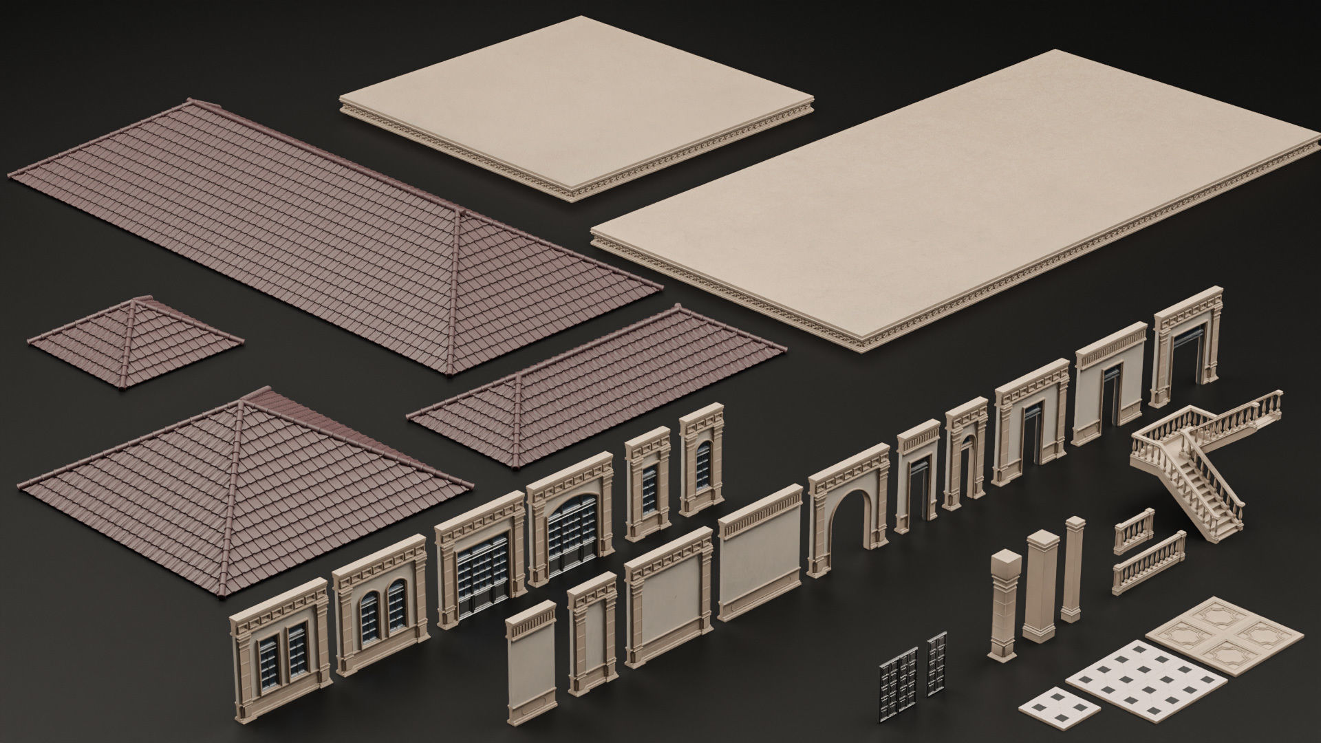 CLASSIC EUROPEAN KITBASH 04 MODULAR BUILDING WITH INTERIOR Low-poly 3D model_11