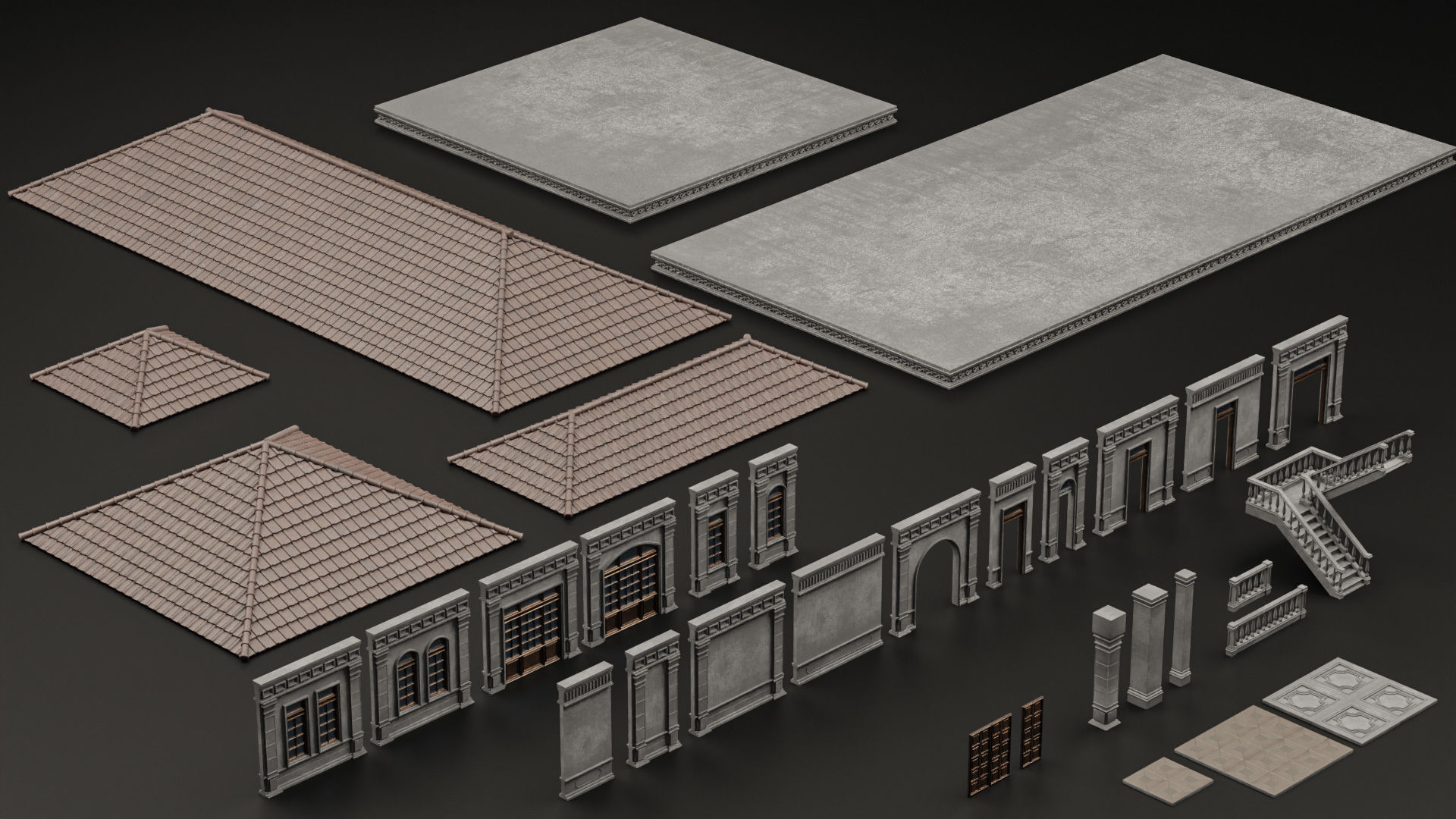 CLASSIC EUROPEAN KITBASH 04 MODULAR BUILDING WITH INTERIOR Low-poly 3D model_10