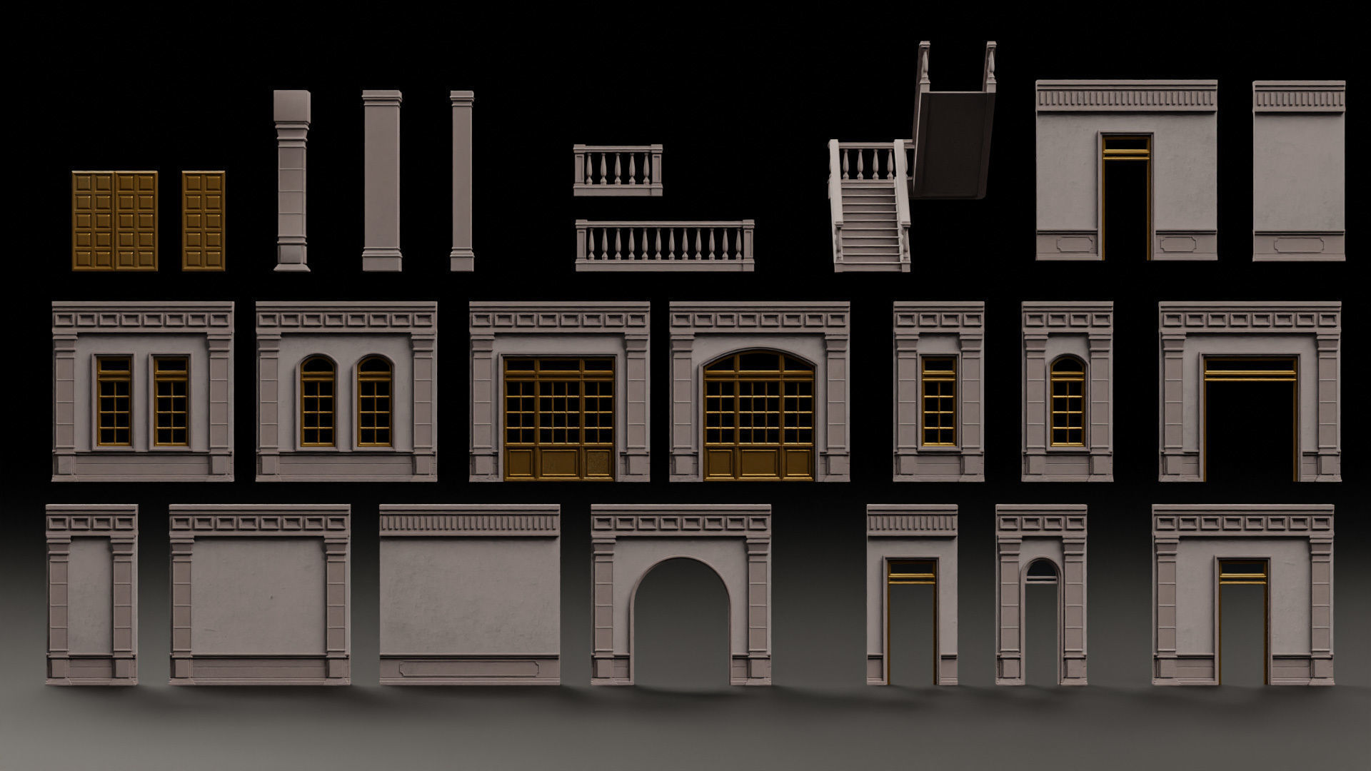 CLASSIC EUROPEAN KITBASH 04 MODULAR BUILDING WITH INTERIOR Low-poly 3D model_4