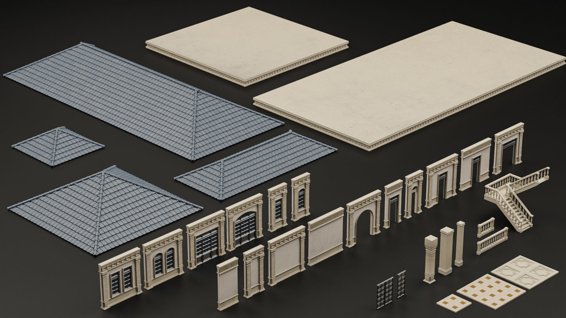 CLASSIC EUROPEAN KITBASH 04 MODULAR BUILDING WITH INTERIOR Low-poly 3D model_2