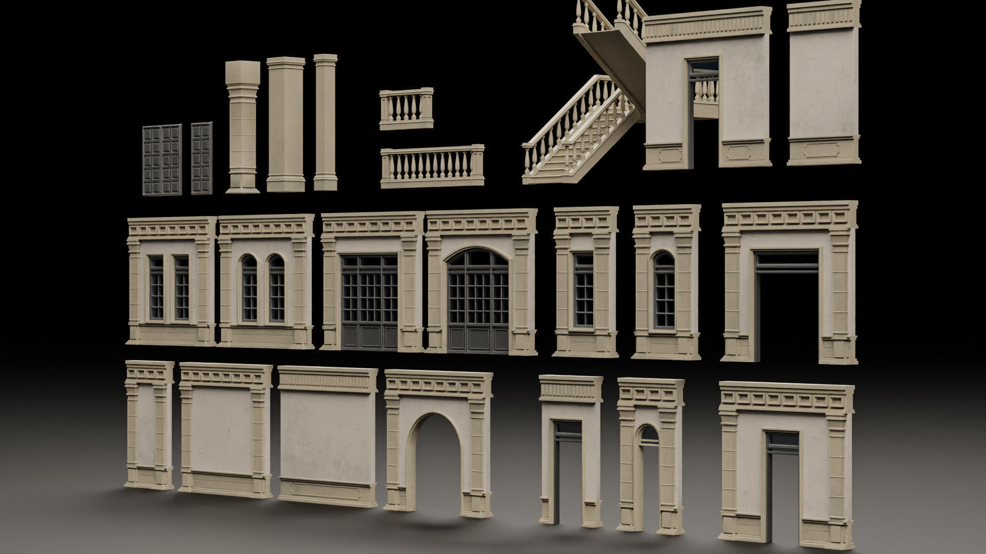 CLASSIC EUROPEAN KITBASH 04 MODULAR BUILDING WITH INTERIOR Low-poly 3D model_7