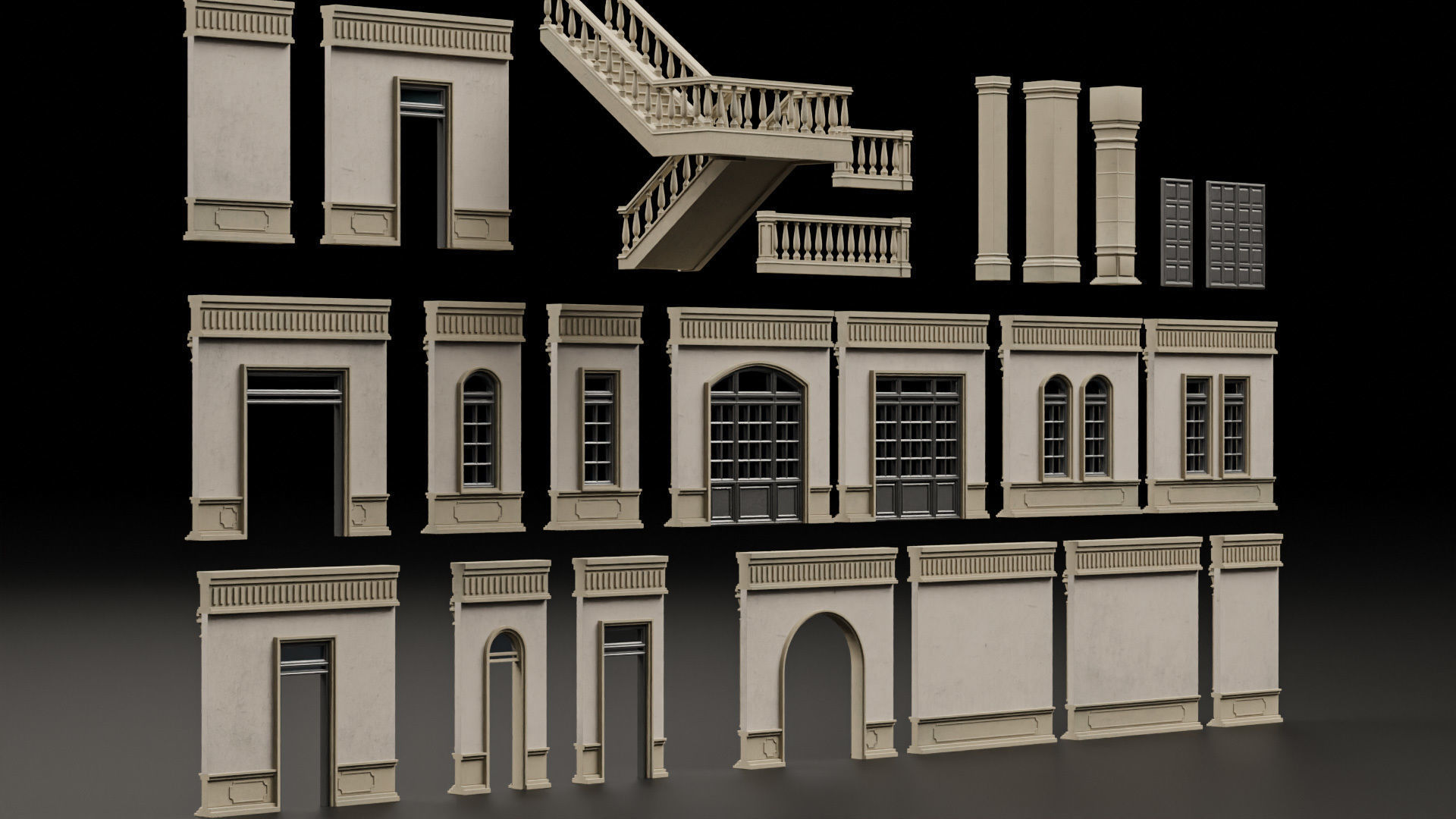 CLASSIC EUROPEAN KITBASH 04 MODULAR BUILDING WITH INTERIOR Low-poly 3D model_8