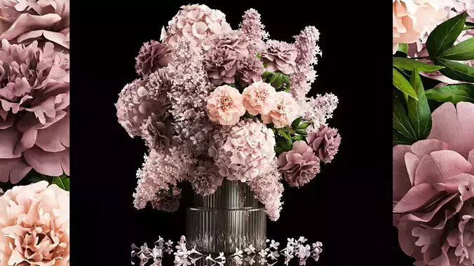 Solemn bouquet of flowers lilac peonies hydrangea vase 357