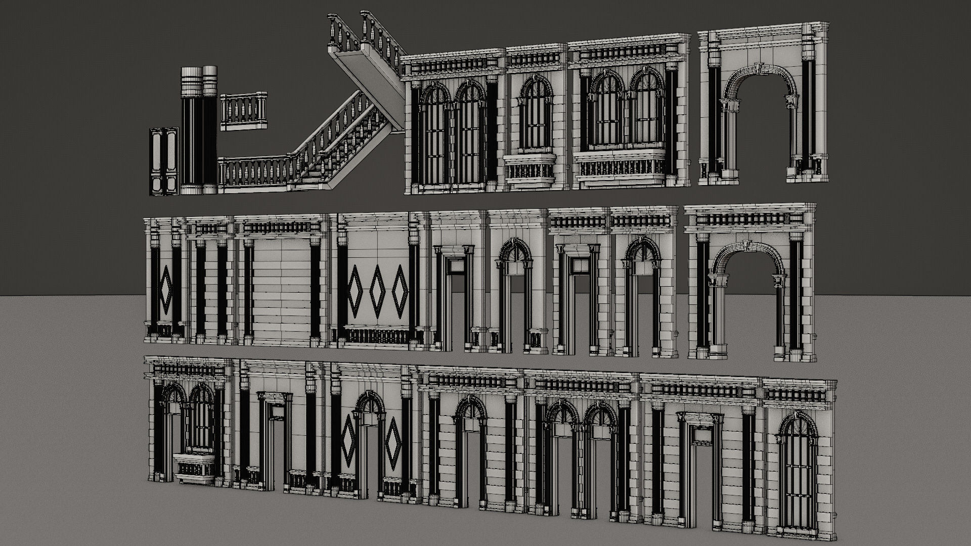 CLASSIC EUROPEAN KITBASH 06 MODULAR BUILDING WITH INTERIOR Low-poly 3D model_27