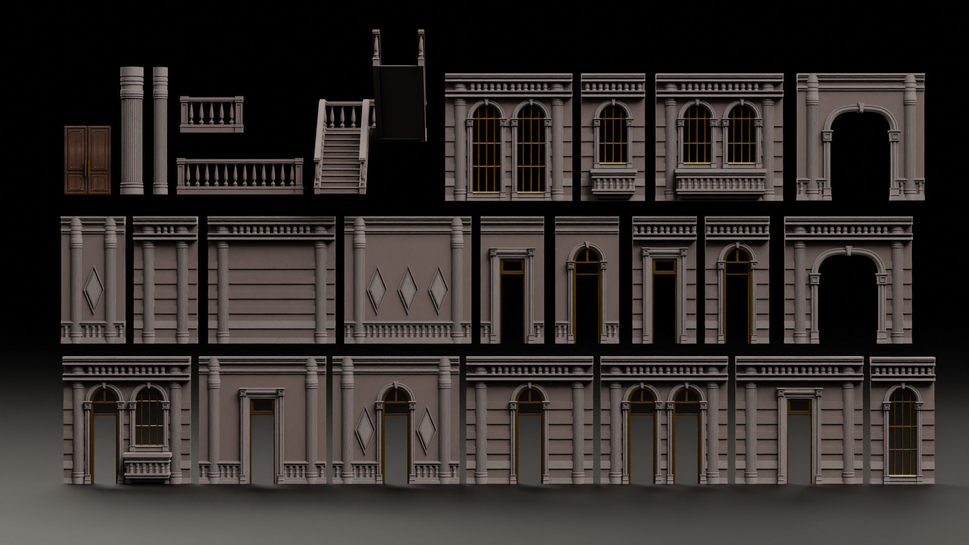 CLASSIC EUROPEAN KITBASH 06 MODULAR BUILDING WITH INTERIOR Low-poly 3D model_2