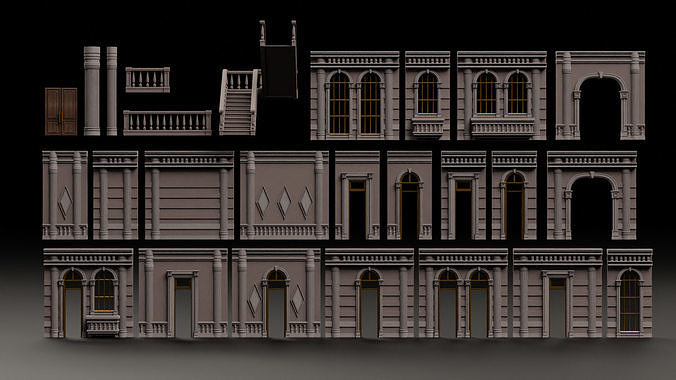 CLASSIC EUROPEAN KITBASH 06 MODULAR BUILDING WITH INTERIOR Low-poly 3D model 2