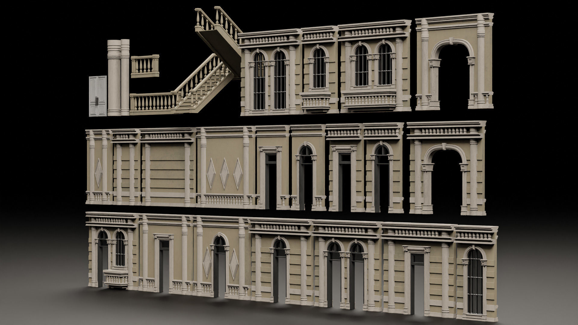 CLASSIC EUROPEAN KITBASH 06 MODULAR BUILDING WITH INTERIOR Low-poly 3D model_6