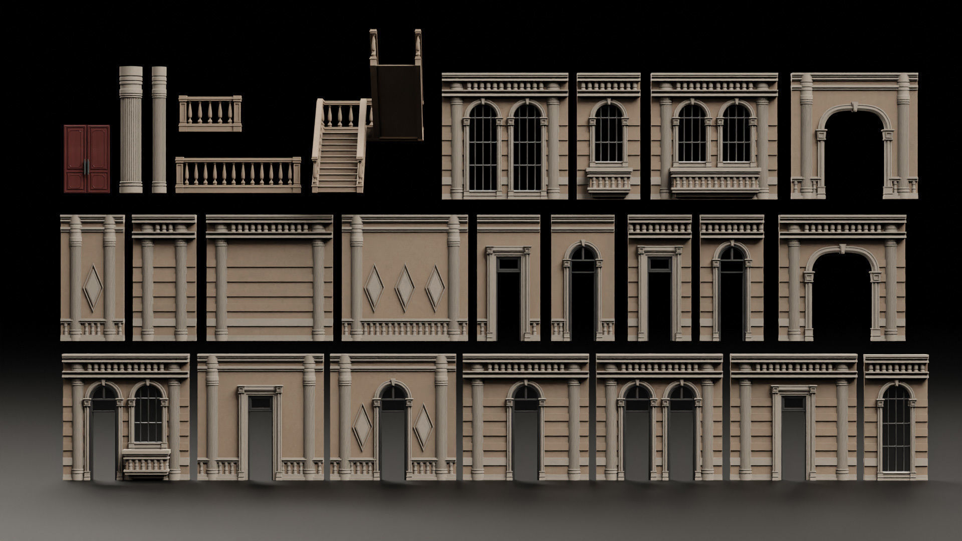 CLASSIC EUROPEAN KITBASH 06 MODULAR BUILDING WITH INTERIOR Low-poly 3D model_5