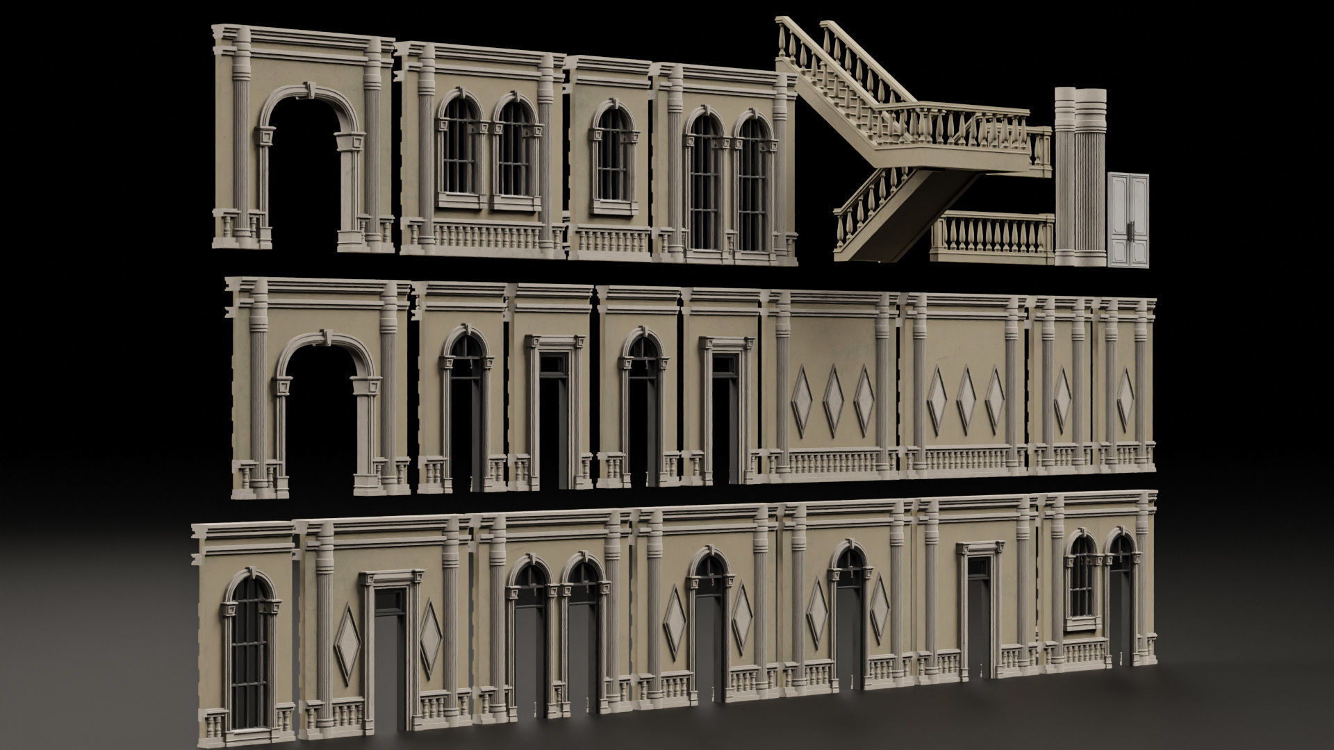 CLASSIC EUROPEAN KITBASH 06 MODULAR BUILDING WITH INTERIOR Low-poly 3D model_7