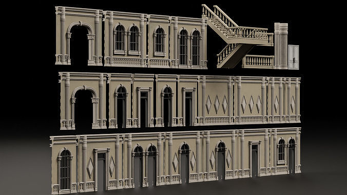 CLASSIC EUROPEAN KITBASH 06 MODULAR BUILDING WITH INTERIOR Low-poly 3D model 7