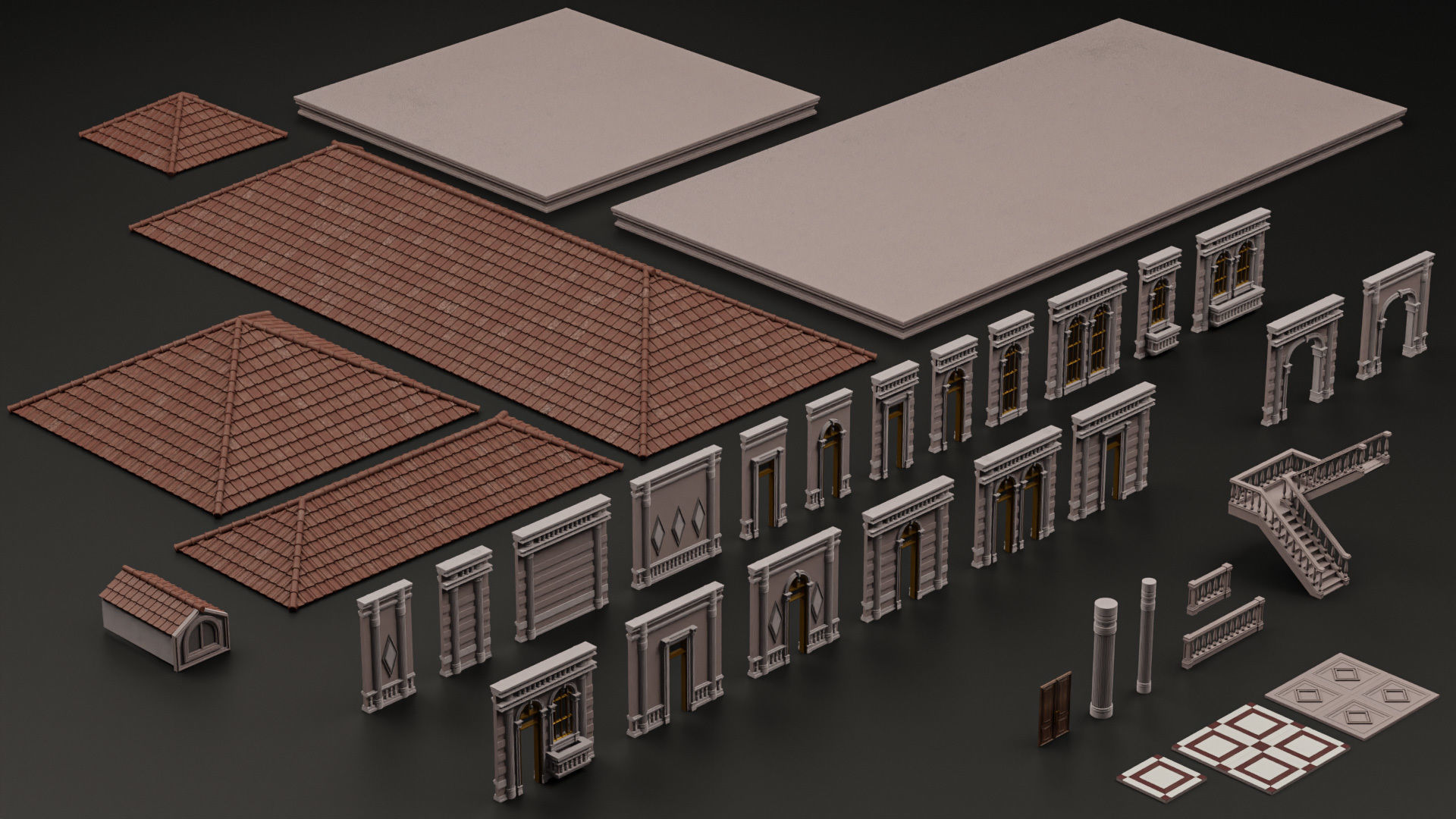 CLASSIC EUROPEAN KITBASH 06 MODULAR BUILDING WITH INTERIOR Low-poly 3D model_9