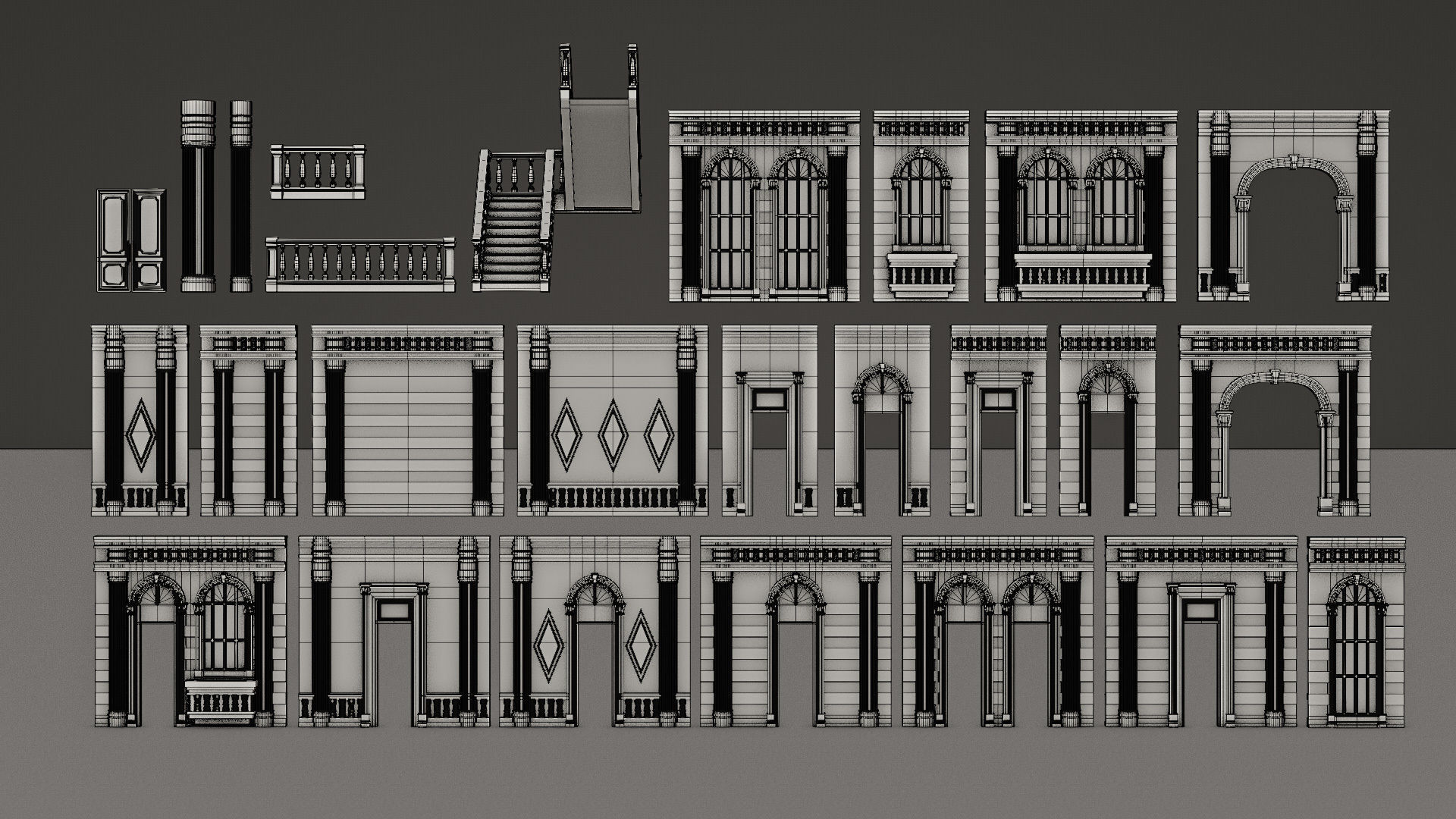 CLASSIC EUROPEAN KITBASH 06 MODULAR BUILDING WITH INTERIOR Low-poly 3D model_26