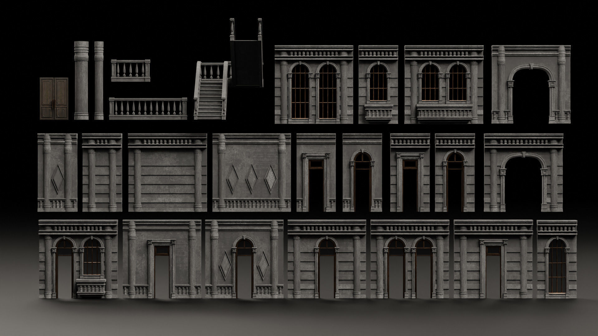 CLASSIC EUROPEAN KITBASH 06 MODULAR BUILDING WITH INTERIOR Low-poly 3D model_3