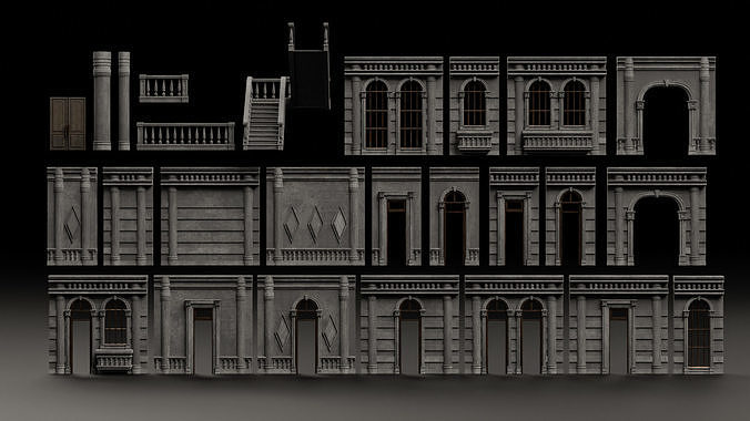 CLASSIC EUROPEAN KITBASH 06 MODULAR BUILDING WITH INTERIOR Low-poly 3D model 3