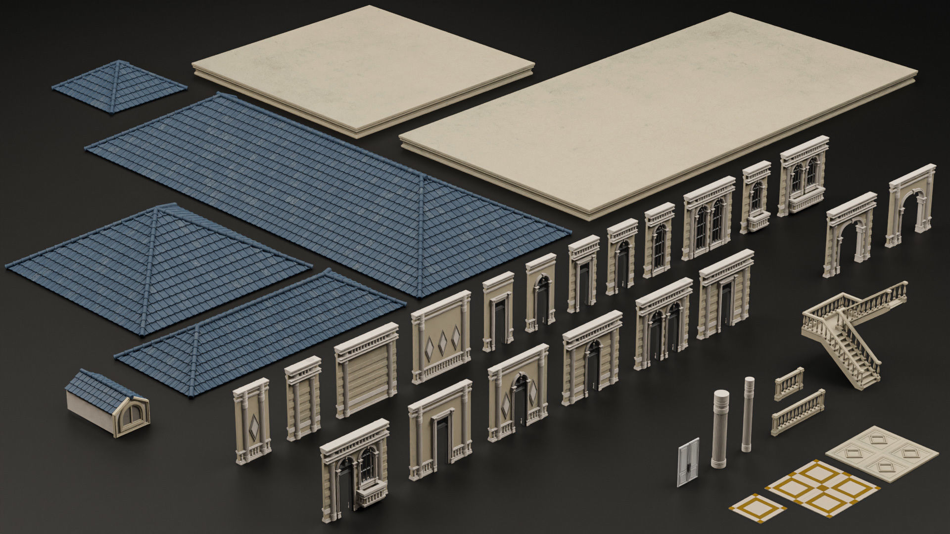 CLASSIC EUROPEAN KITBASH 06 MODULAR BUILDING WITH INTERIOR Low-poly 3D model_8