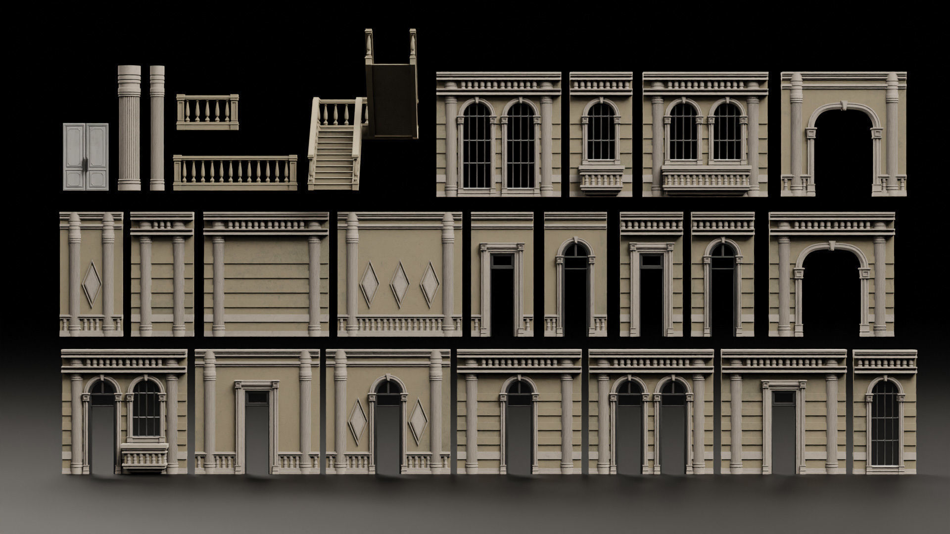 CLASSIC EUROPEAN KITBASH 06 MODULAR BUILDING WITH INTERIOR Low-poly 3D model_4