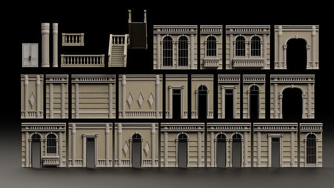 CLASSIC EUROPEAN KITBASH 06 MODULAR BUILDING WITH INTERIOR Low-poly 3D model 4