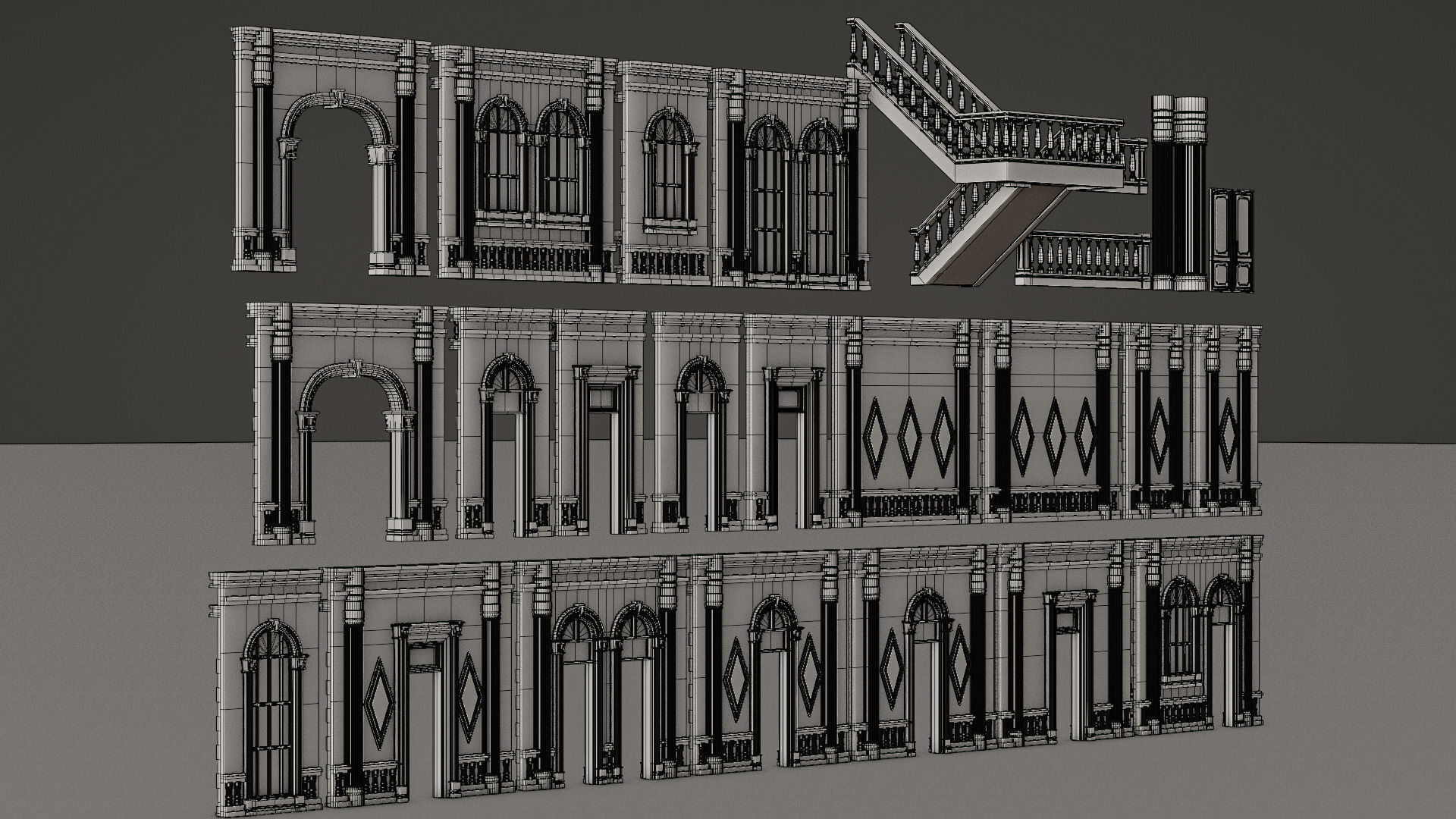 CLASSIC EUROPEAN KITBASH 06 MODULAR BUILDING WITH INTERIOR Low-poly 3D model_28