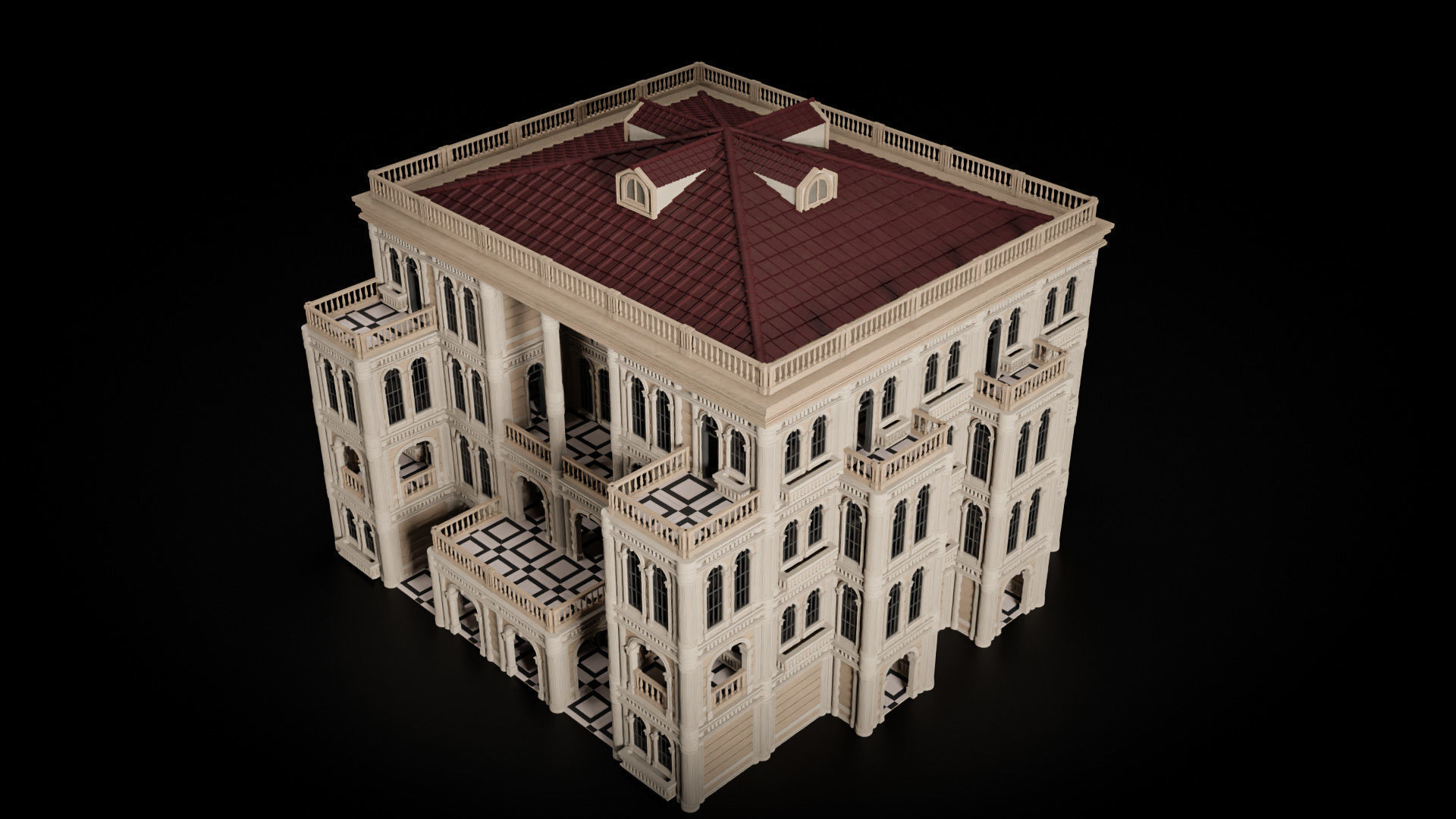 CLASSIC EUROPEAN KITBASH 06 MODULAR BUILDING WITH INTERIOR Low-poly 3D model_23