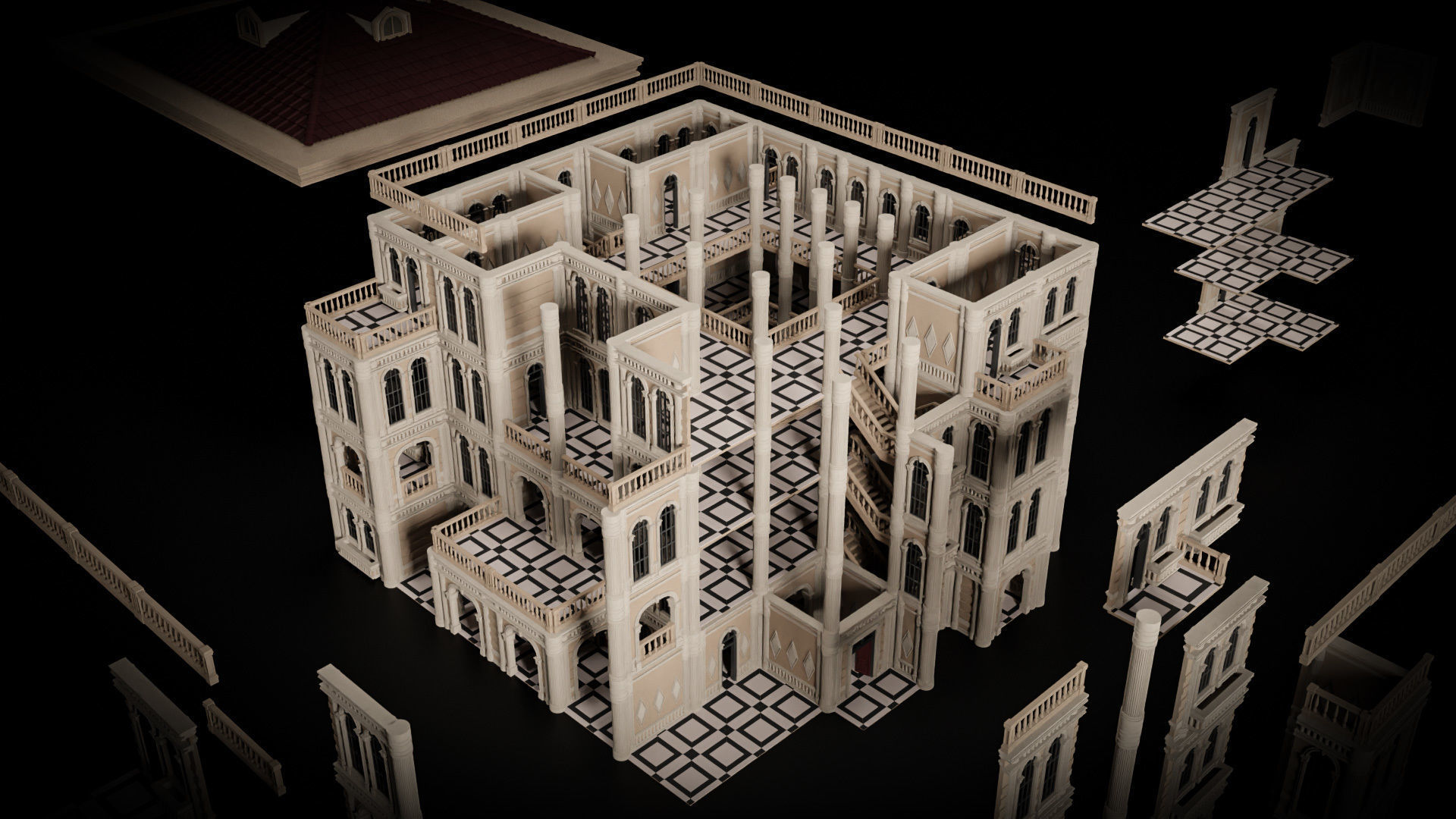 CLASSIC EUROPEAN KITBASH 06 MODULAR BUILDING WITH INTERIOR Low-poly 3D model_24